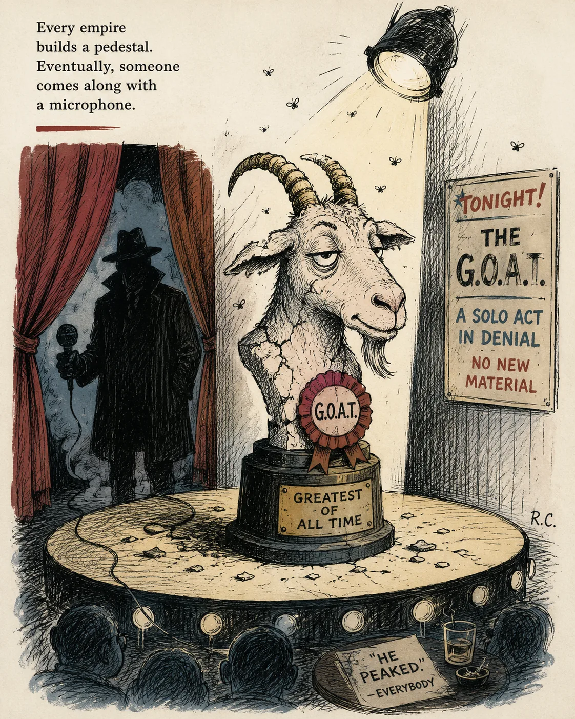 Cracked fake GOAT trophy on stage while an enemy figure enters with a microphone.