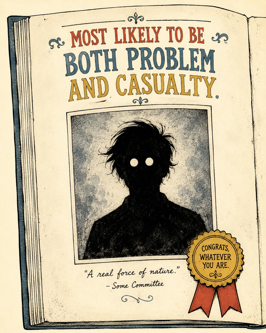 Yearbook page labeled “Most Likely To Be Both Problem And Casualty,” with a creepy anonymous silhouette.
