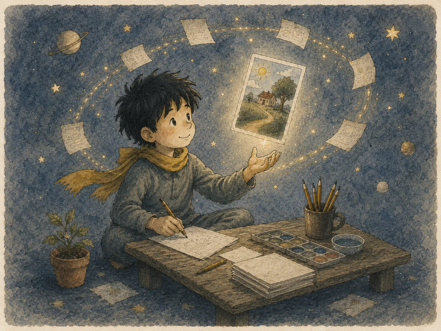 1) The illustration features a young boy sitting on the floor, engaging in a creative act of storytelling. He is surrounded by a starry night sky, suggesting a whimsical and imaginative atmosphere. The boy, wearing a cozy gray outfit and a bright yellow scarf, looks joyful and inspired as he holds a glowing card in his outstretched hand. Floating around him are several other cards and notes, illustrating the flow of ideas and memories. A small potted plant sits nearby, adding a touch of warmth to the scene. His workspace consists of a wooden table cluttered with papers, watercolor paints, and pencils, indicating a joyful exploration of creativity. The color palette is soft and muted, with blues and earthy tones dominating, enhancing the dreamy quality of the illustration.
2)
- Title: "The First Card"