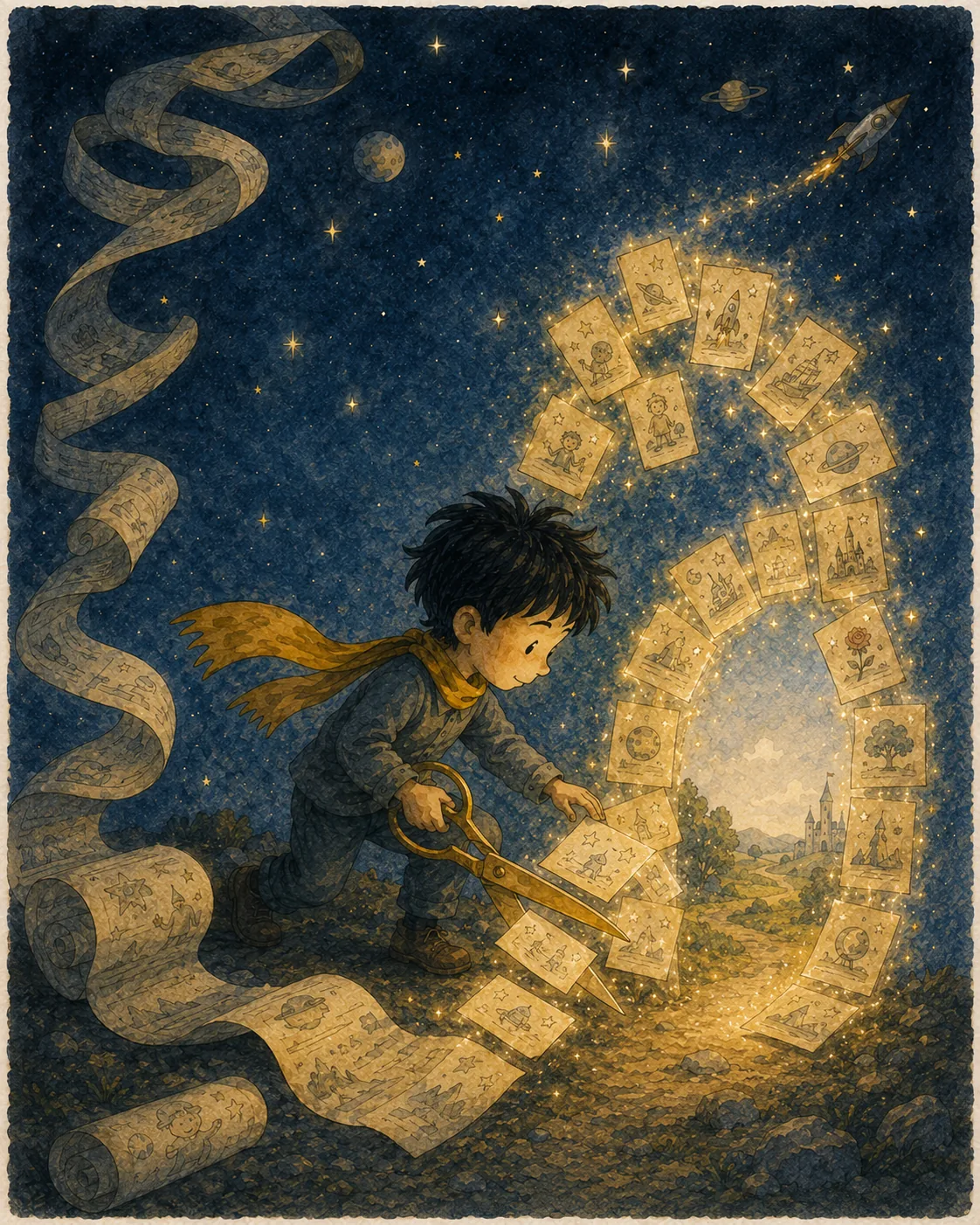 1) The illustration depicts a young boy engaged in a whimsical activity under a starry night sky. He has short black hair and wears a gray outfit with a bright yellow scarf fluttering around him. The boy is focused intently as he cuts a long scroll with oversized golden scissors, transforming it into neat rectangular cards that float around him in a magical manner. Each card features various illustrations, including rockets, planets, and flowers, creating a sense of wonder and adventure. The background consists of a deep blue sky dotted with stars and two planets, with a rocket ship soaring in the distance. An enchanting arch comprised of the golden cards leads to a picturesque landscape with a castle in the background, hinting at imaginative worlds beyond. The color palette consists of warm yellows and cool blues, enhancing the dreamlike ambiance. The overall composition conveys a sense of creativity and transformation, inviting viewers to imagine the possibilities of their own ideas.