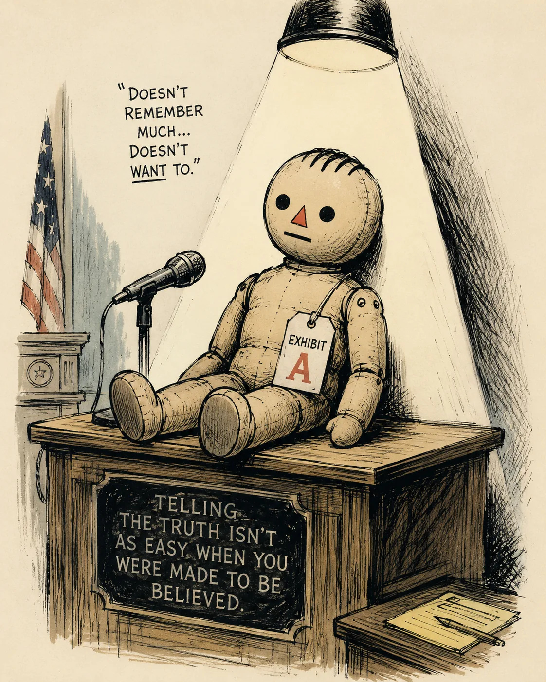 Courtroom evidence doll sitting on a witness stand under a harsh spotlight.