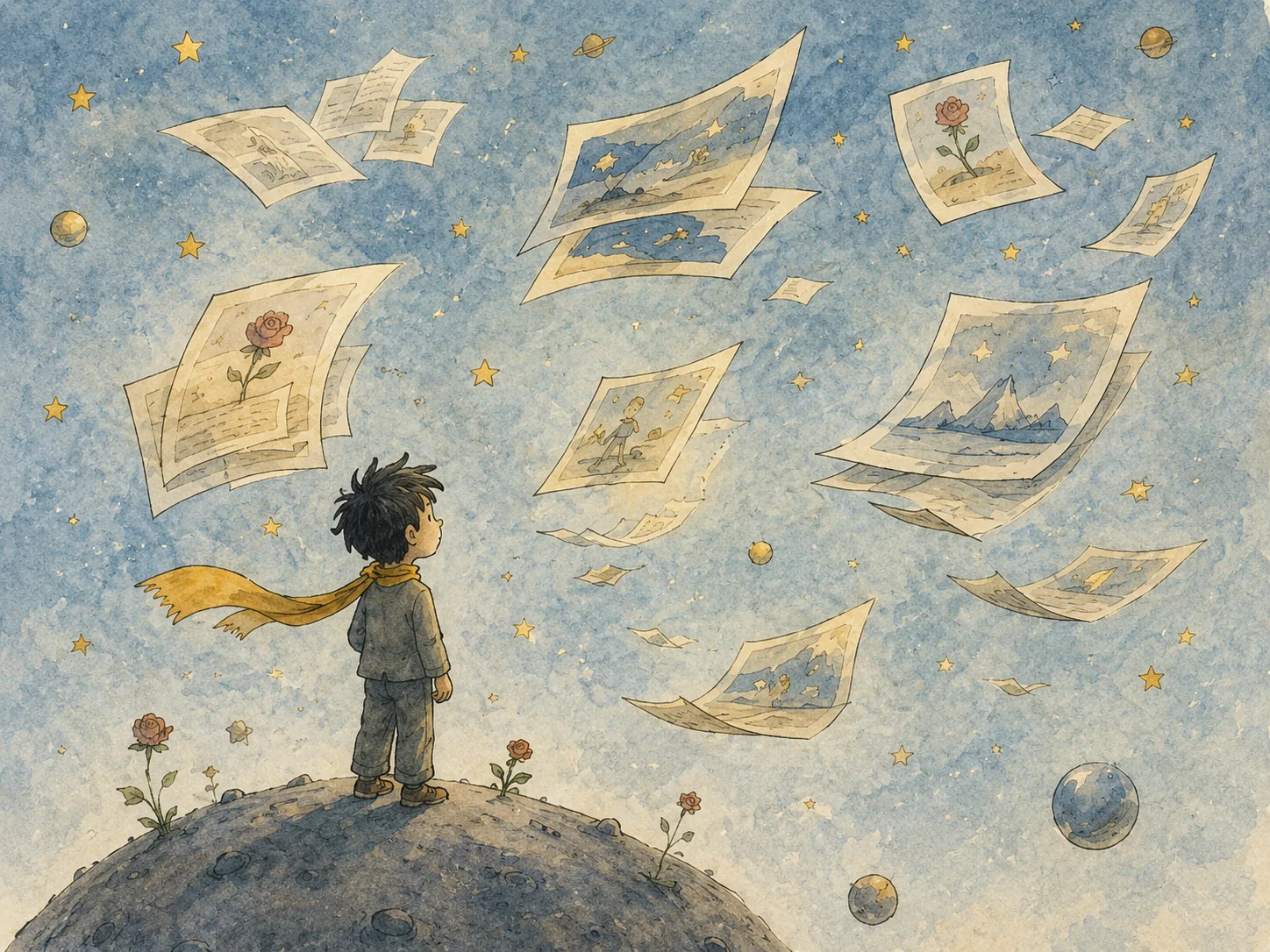 1) The illustration depicts a young boy standing on a small hill, gazing upwards in wonder. He has tousled black hair and is dressed in a simple gray outfit, complemented by a bright yellow scarf that adds a playful touch to his appearance. The hill is adorned with two small flowers, hinting at a sense of life and beauty amidst a whimsical setting. The background features a dreamy sky filled with scattered stars and floating pages, suggesting a world of imagination and creativity. Each page showcases vibrant illustrations, including flowers and landscapes, implying the boy's dreams and thoughts taking flight. The colors are soft and pastel, enhancing the overall enchanting atmosphere of the scene. The boy's posture, slightly leaning forward with curiosity, conveys a sense of hope and aspiration, while the whimsical elements surrounding him evoke a feeling of magic and possibility.
2)
- Title: "The AngryPages Promise"
- Site / app: "AngryPages"