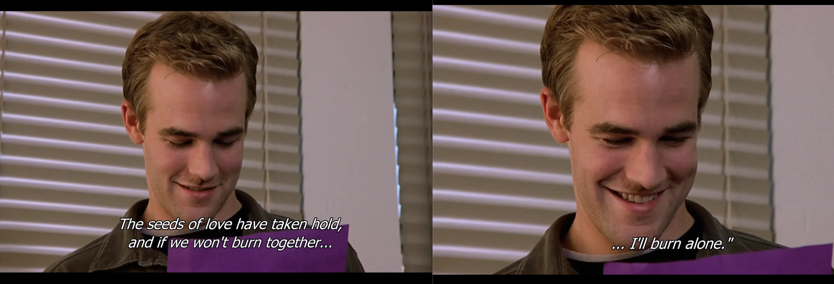 In this screenshot from "The Rules of Attraction," we see a young man with short, styled blond hair, wearing a black shirt and a dark jacket, sitting indoors. The setting features striped blinds in the background, allowing soft light to filter through, creating a warm and intimate atmosphere. The young man displays a thoughtful expression, his lips curved into a slight smile as he reads a letter, suggesting a blend of hope and longing. The letter appears to be colored purple, indicating a personal touch.
The focus is on the young man's face, capturing the nuances of his emotion as he engages with the text. The mood of the scene reflects a moment of vulnerability, as the words he reads reveal a deeper emotional connection. The on-screen text conveys his feelings concerning love and the fear of loneliness, enhancing the romantic tension present in the scene. The overall composition emphasizes the young man's intimate interaction with the letter, drawing viewers into his emotional experie