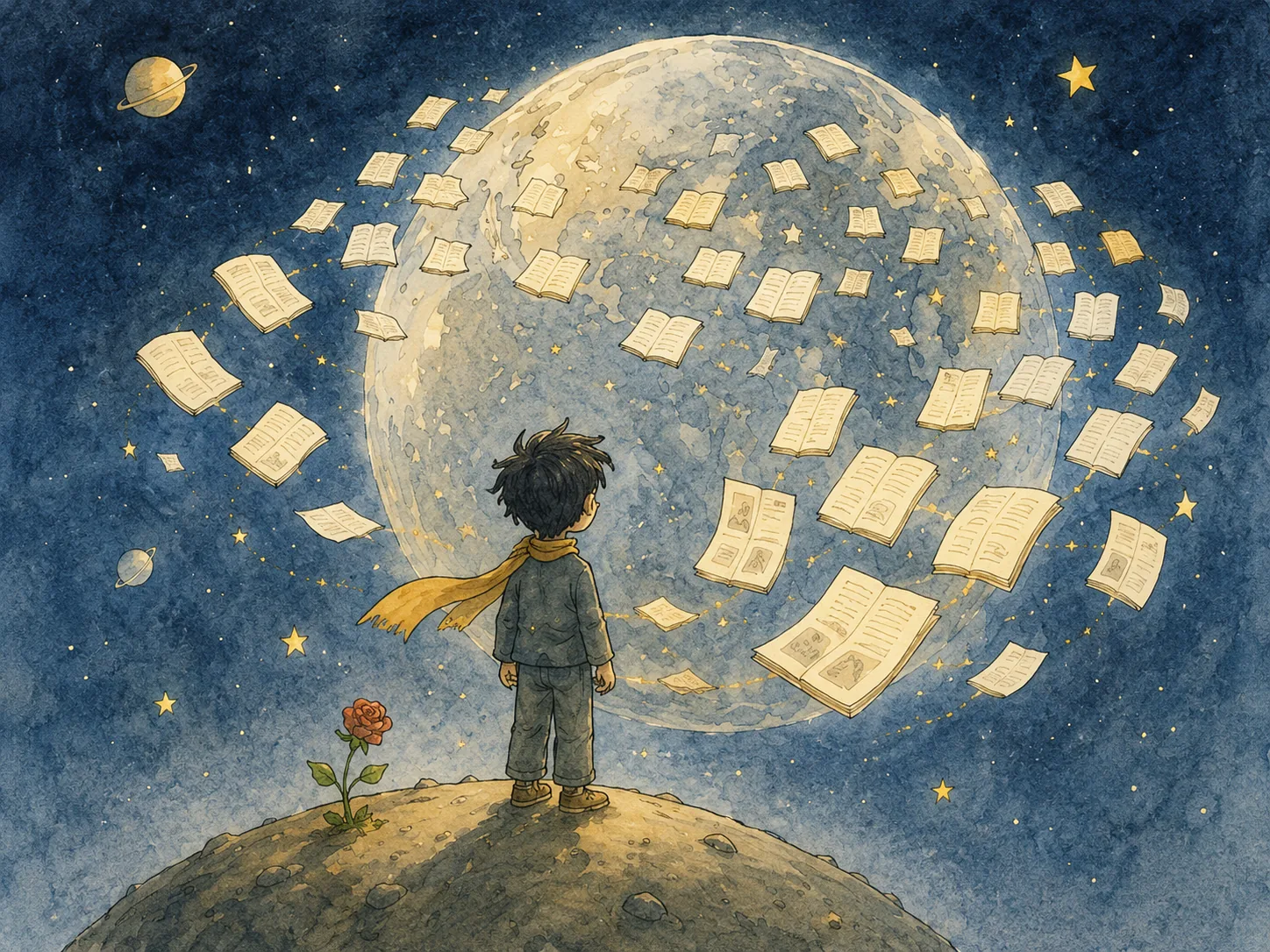1) The illustration depicts a young boy standing on a small, rocky hillside, gazing up at a large, luminous moon that dominates the night sky. The moon is surrounded by floating, open books, suggesting a connection between knowledge and imagination. The boy wears a simple outfit, complete with a yellow scarf that flutters gently, hinting at a sense of adventure and curiosity. To his left, a bright red rose grows, symbolizing beauty and inspiration amidst the vastness of space. The background features a deep blue sky adorned with twinkling stars and a distant planet resembling Saturn. The overall color palette is soft and dreamlike, enhancing the whimsical, fantastical mood of the scene. The boy’s posture is contemplative, suggesting he is lost in thought, possibly pondering the stories and ideas contained within the floating pages.
2) On-screen text block:
- Title: "The Better Way to Use the Internet"