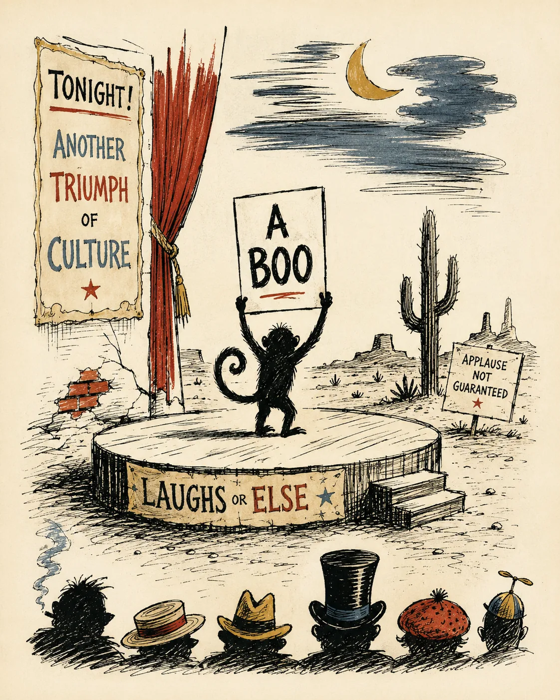 Tiny monkey silhouette on a desert comedy stage holding an “A BOO” review card.