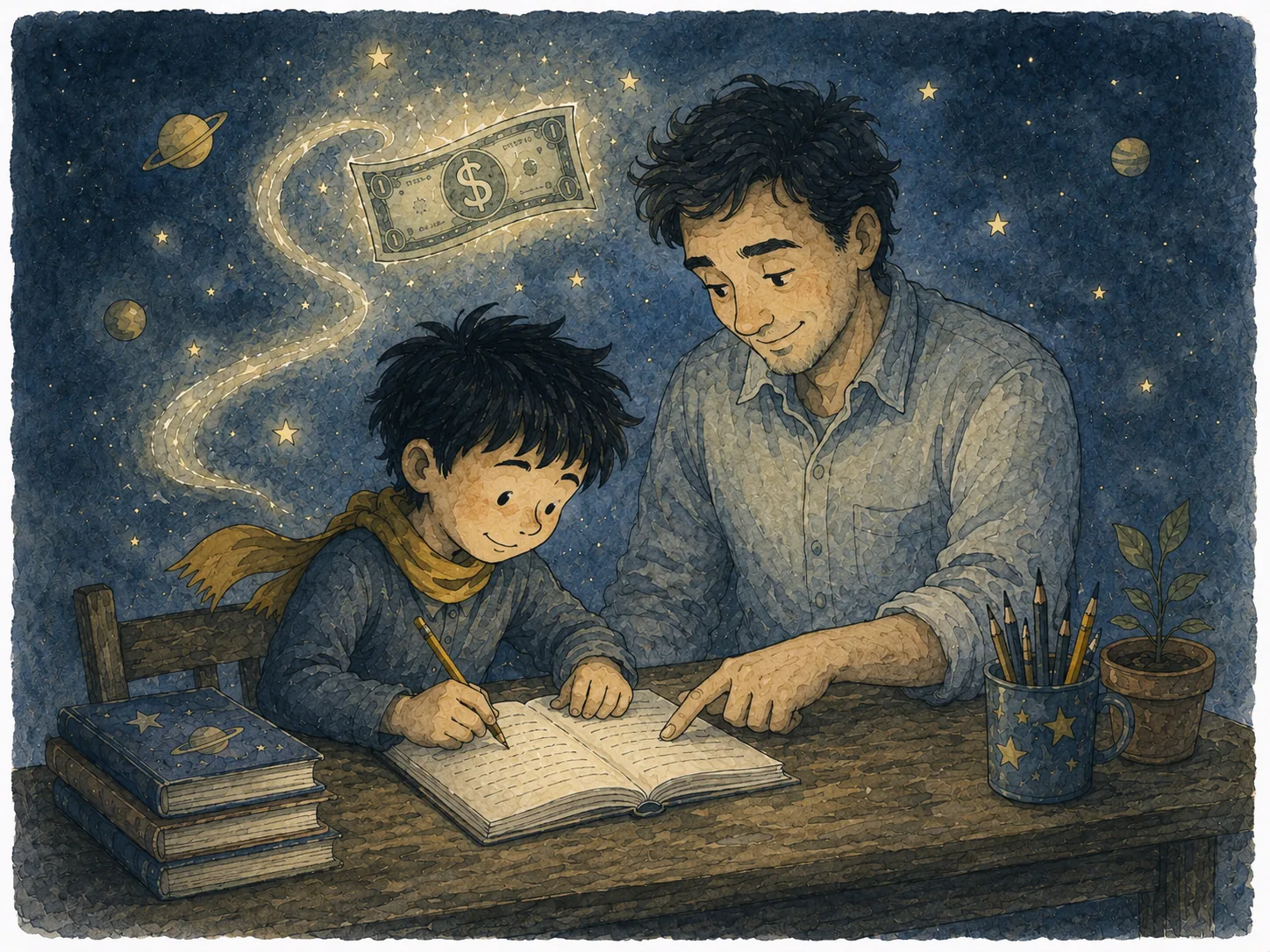 1) The illustration depicts a cozy indoor scene at night, where a father and his son, Lehan, engage in a writing exercise. The father, with a gentle smile and a relaxed posture, points at a page in a notebook while seated next to his son. Lehan, wearing a yellow scarf, appears focused and content as he writes with a pencil, his expression reflecting concentration and joy. The background is a starry night sky, with planets and a glowing dollar bill floating above them, adding a whimsical touch to the scene. The wooden table is adorned with stacked books featuring celestial designs and a small potted plant next to a container filled with colorful pencils. The overall color palette is warm and inviting, with shades of blue, yellow, and brown, creating a nurturing atmosphere.
2)
- Title: "The Page Deal"