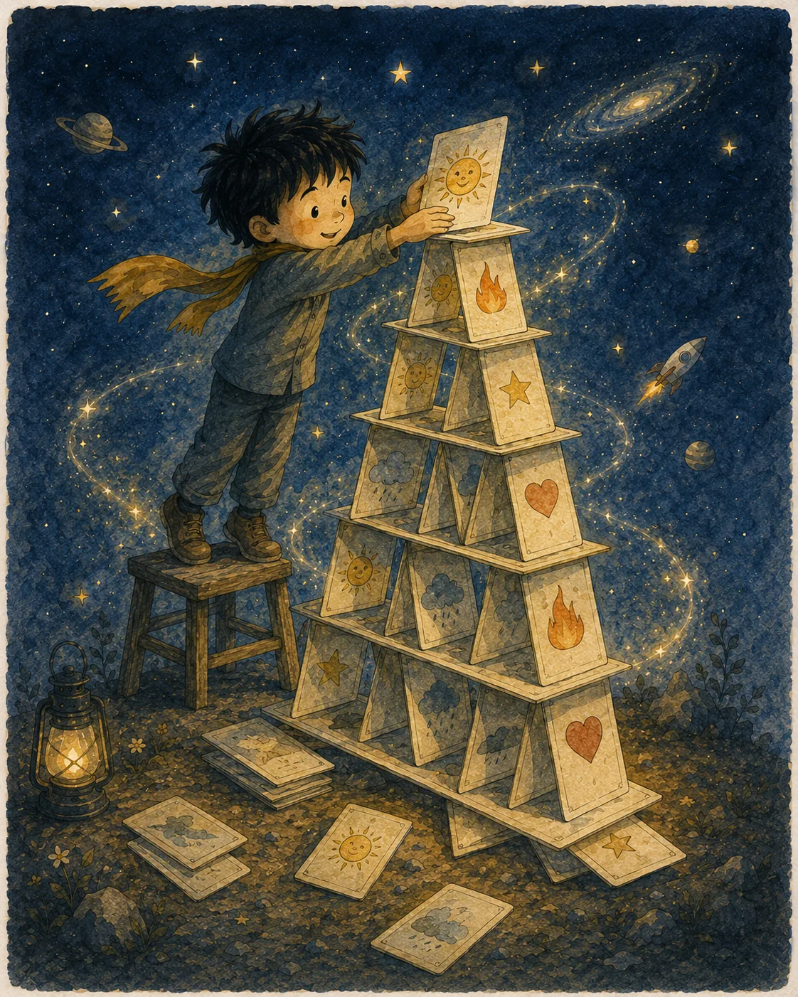 1) The illustration depicts a young boy joyfully stacking cards in a whimsical night setting. He stands atop a wooden stool, reaching up to place a card adorned with a smiling sun atop a tower of cards. Each card features unique symbols, including a heart, a flame, a star, and rainclouds. The boy wears a blue outfit with a playful expression, his tousled black hair accentuated by the warm glow of a lantern beside him. The background is a deep, starry sky filled with swirling galaxies and planets, enhancing the dreamlike atmosphere. The ground is strewn with additional cards, suggesting the playful repetition of building and rebuilding. The overall color palette is vibrant, with blues, yellows, and earthy tones creating a sense of wonder and creativity.
2)
- Title: "One card today. One card tomorrow. Build from joy, anger, wonder, sorrow."