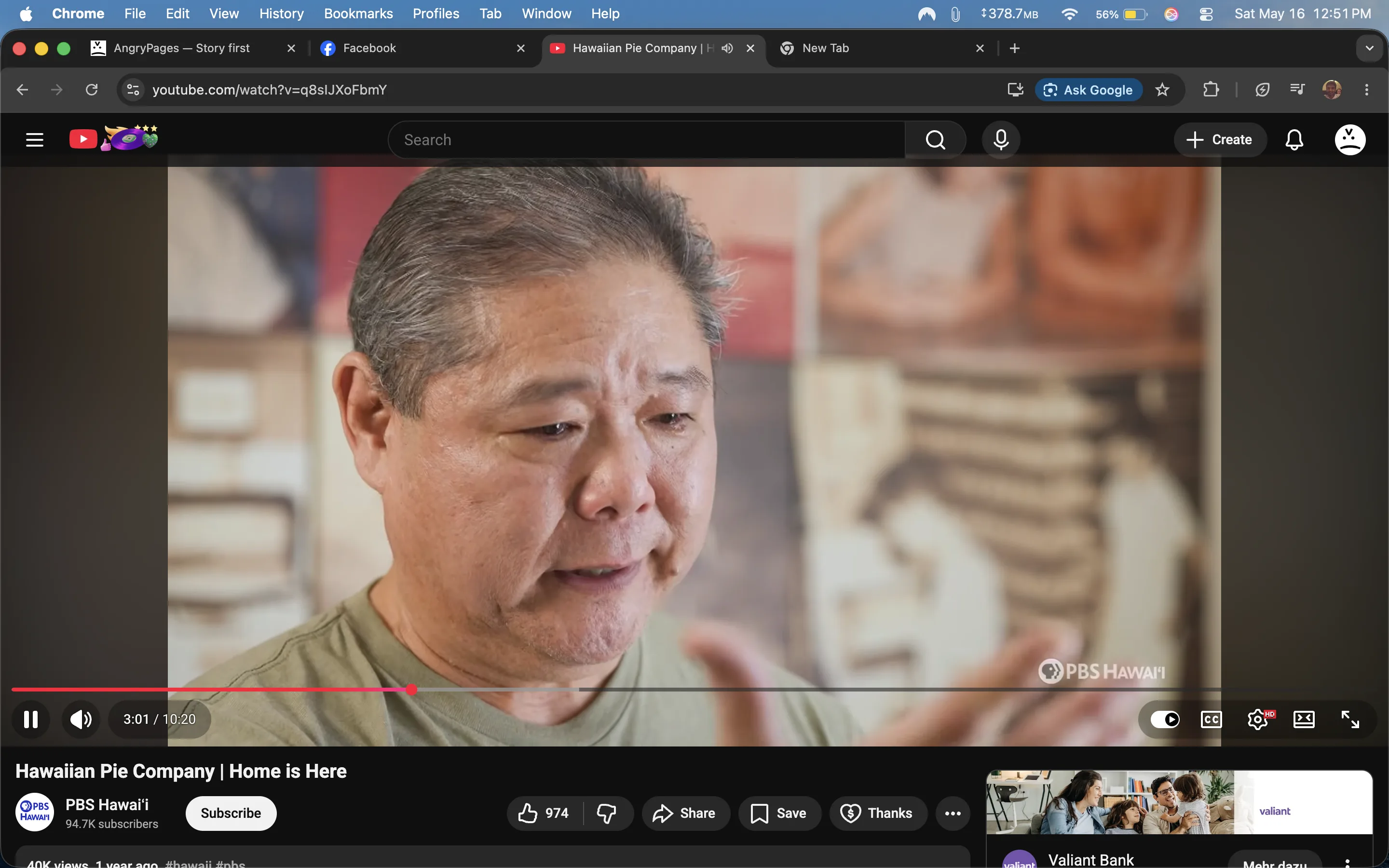 1) The image is a still frame from a video titled "Hawaiian Pie Company | Home is Here," featured on the PBS Hawai'i YouTube channel. It captures a close-up of a man with short, graying hair, who appears to be engaged in conversation, possibly reflecting on personal or cultural experiences related to the Hawaiian Pie Company. His expression conveys thoughtfulness or seriousness, with slightly furrowed brows and pursed lips. He is wearing a simple olive-green shirt, contributing to an informal, approachable tone. The background is softly blurred, featuring a mural or a series of images that seem to represent themes of Hawaiian culture or food, enhancing the storytelling aspect of the frame. The lighting is warm and soft, creating an inviting atmosphere that emphasizes the man's expressions and gestures as he speaks. His hands are raised slightly, indicating he is making a point or explaining something significant.
2)
- Title: "Hawaiian Pie Company | Home is Here"
- Channel / profile: "