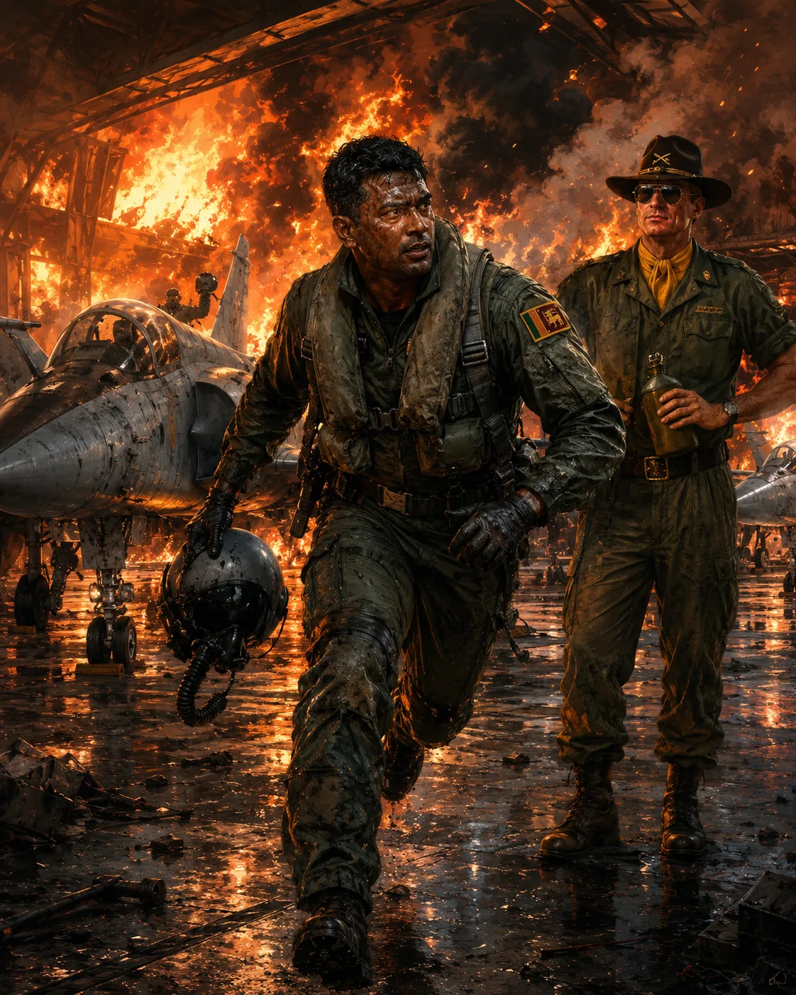 1) The illustration depicts a dramatic and intense scene set in a hangar engulfed in flames, highlighting a moment of peril and heroism. In the foreground, a man identified as Hemasiri Wijegunawardena, adorned in a military flight suit featuring a Sri Lanka flag, rushes forward, gripping a helmet in one hand while navigating through smoke and debris. His face is smeared with dirt and sweat, capturing a look of determination and urgency as he moves to rescue aircraft from destruction. Behind him stands Lt Colonel Kilgore, characteristically dressed in a military outfit and sunglasses, exuding authority with a calm demeanor as he observes the chaos. The background is dominated by a burning KFIR jet, flames licking the surroundings and creating a vivid contrast against the dark smoke. The wet, reflective floor adds a dramatic touch, mirroring the chaos above. The use of warm colors—reds, oranges, and yellows—intensifies the sense of danger, while the intricate detailing in the characters’