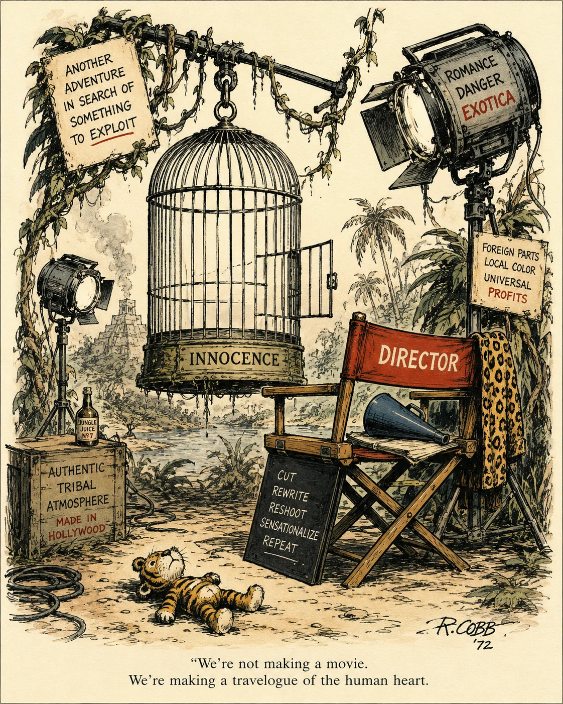 Jungle movie set with a director chair, film lights, vines, and an abandoned toy.