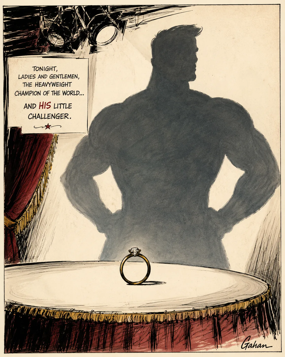 Wedding ring casting a tiny shadow while a giant masculine shadow looms behind it.