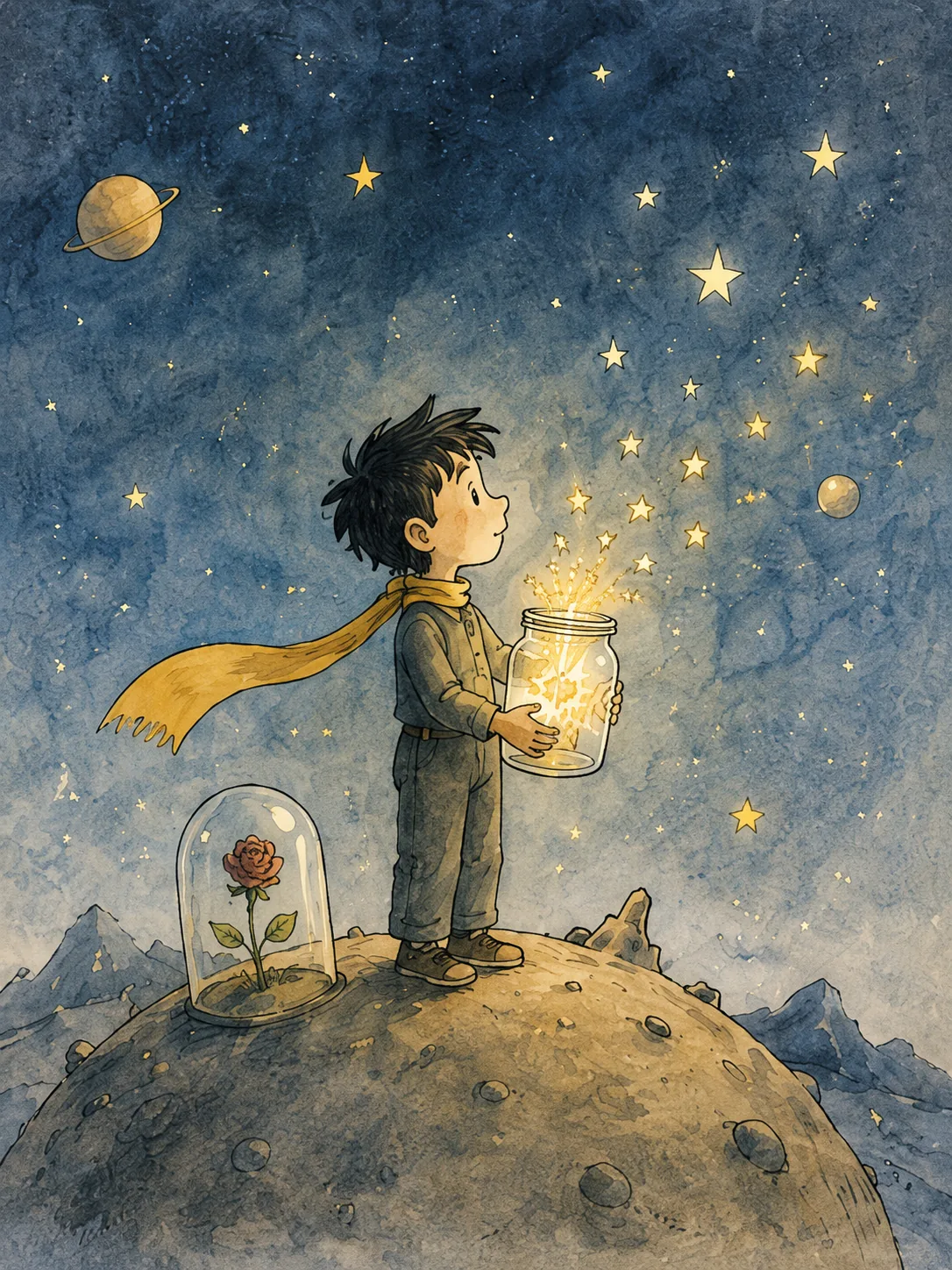 1) The illustration depicts a young boy standing on a small, rocky planet, gazing upwards at a star-filled sky. He is wearing a simple outfit, consisting of gray trousers and a dark shirt, complemented by a vibrant yellow scarf flowing gently in the cosmic breeze. In his hands, he holds a glass jar that radiates a warm, golden glow, suggesting it contains captured starlight. Surrounding him are a few distant mountains and a transparent dome that shelters a single rose, symbolizing beauty and fragility. The backdrop features a deep blue night sky, dotted with twinkling stars and planets, including one that resembles Saturn with its iconic rings. The overall color palette is soft and dreamy, using watercolor techniques that enhance the sense of wonder and imagination. The boy's expression conveys curiosity and awe as he absorbs the magical sights around him, embodying the themes of exploration and adventure.
2) On-screen text block:
- Title: "The 100 Card Quest"