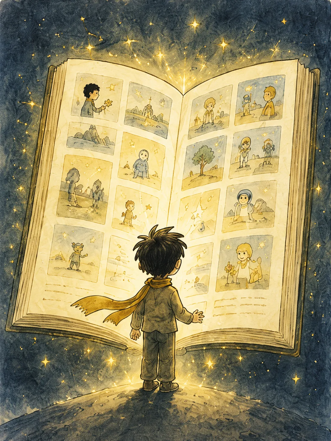 1) The illustration depicts a young boy standing in front of a giant, glowing book that is open to reveal various illustrated cards. The boy, dressed in a simple outfit with a yellow scarf flowing behind him, gazes in wonder at the vibrant images. The book is filled with whimsical scenes, including children, animals, and fantastical landscapes, all illuminated by a soft light that radiates from the pages. The background is a deep night sky dotted with stars, enhancing the magical atmosphere of the scene. The boy's posture indicates curiosity and awe, as he reaches out toward the book, suggesting an invitation to explore the stories within. The overall color palette features warm hues of gold and soft blue, creating a dreamlike quality. The illustration appears to be created in a watercolor style, giving it a gentle, flowing texture.
2)
- Title: "Everyone Can See"