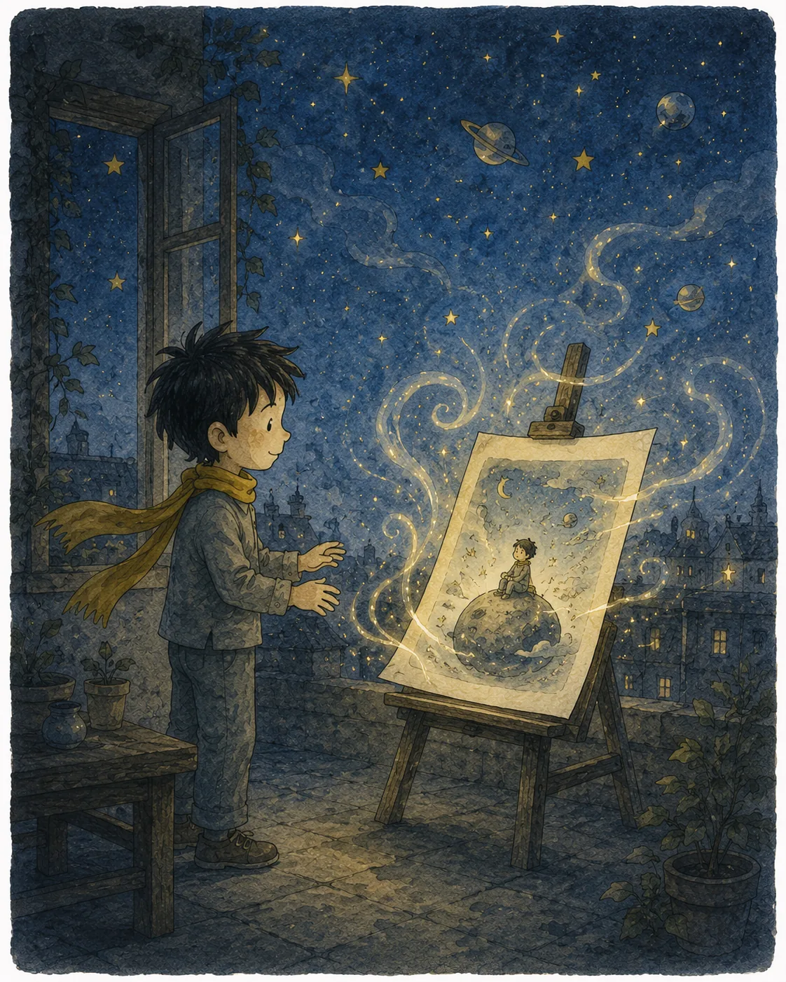 1) The illustration captures a serene, nighttime scene where a young boy stands before a canvas on an easel. His posture is open and curious, with arms slightly raised as if in awe of what he has created. He wears a cozy gray outfit complemented by a bright yellow scarf that flutters gently in the soft air. The setting is a warmly lit room with an open window, revealing a starry night sky filled with planets and twinkling stars. The canvas depicts a whimsical scene of a boy sitting on a small planet, surrounded by floating stars, suggesting a world of imagination and creativity. The smoke-like swirls around the canvas evoke a sense of magic, enhancing the tranquil mood. The palette is muted, with blues and grays dominating, punctuated by the bright yellow of the scarf and the gold of the stars. A simple wooden table and a potted plant add to the cozy indoor atmosphere, emphasizing the boy's calm demeanor as he lets his creation "breathe."
2)
- Title: "Write it once. Let it breathe."