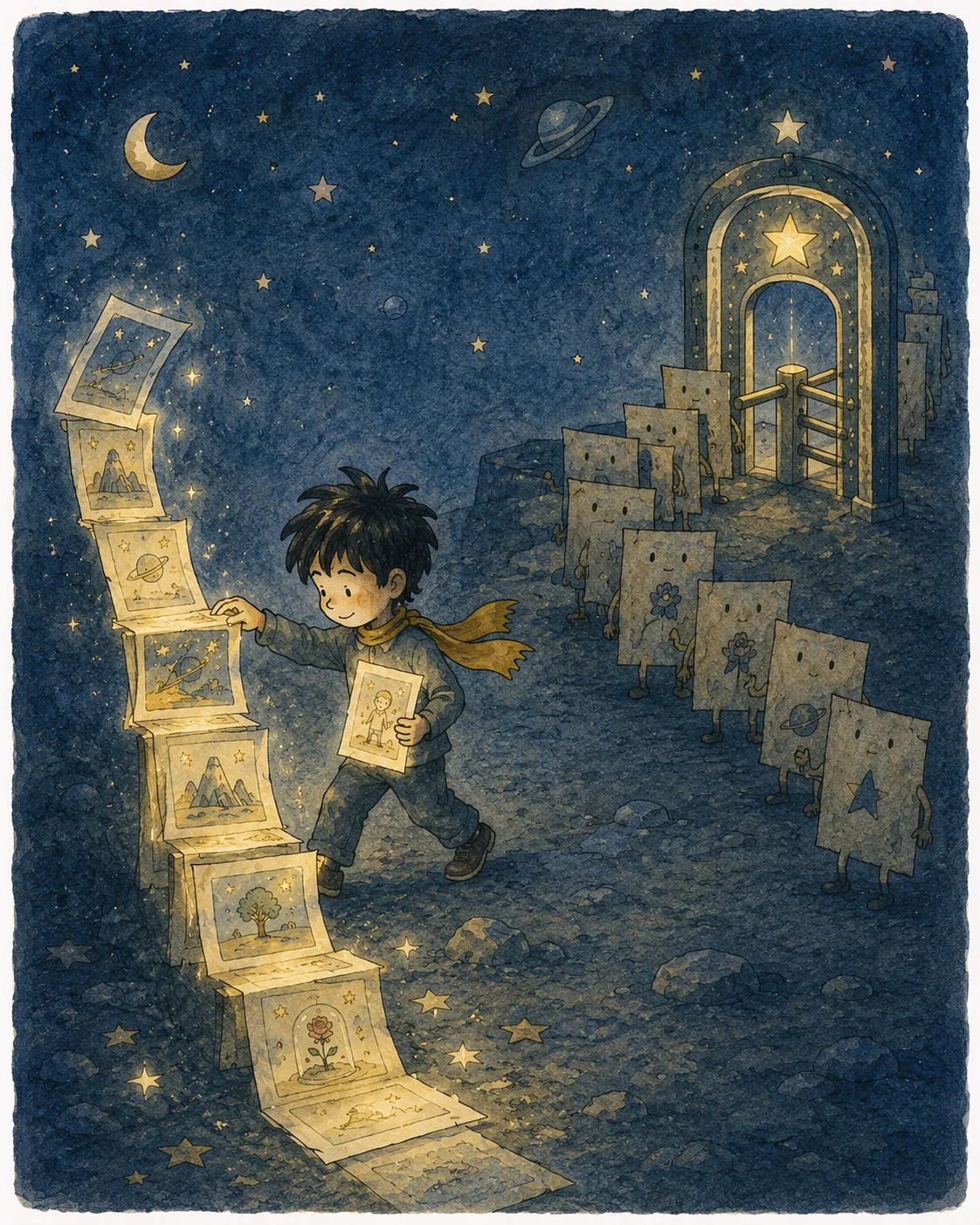1) The illustration features a young boy with dark hair and a bright smile, walking away from a long queue of paper-like creatures, each with simple, cartoonish faces. He holds a card in one hand and steps confidently along a path made of similar cards, which glow softly in the night. The setting is a whimsical landscape under a starry sky, where a crescent moon and distant planets add to the magical ambiance. Behind him stands a glowing archway marked by a star, resembling a gate that the queued creatures seem to be waiting to enter. The children's attire is casual; the boy wears a blue outfit complemented by a vibrant yellow scarf. The color palette consists of deep blues, warm yellows, and soft whites, enhancing the enchanting night scene. The queued creatures, resembling sheets of paper with arms and legs, exhibit a mix of expressions—some appear eager, while others seem more indifferent. This scene captures a sense of playful rebellion and independence as the boy chooses to build