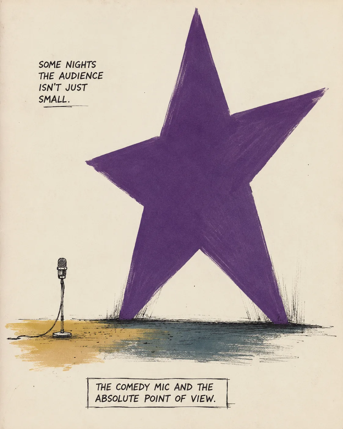 Tiny comedy microphone beside a giant purple star silhouette, dwarfed by greatness.
