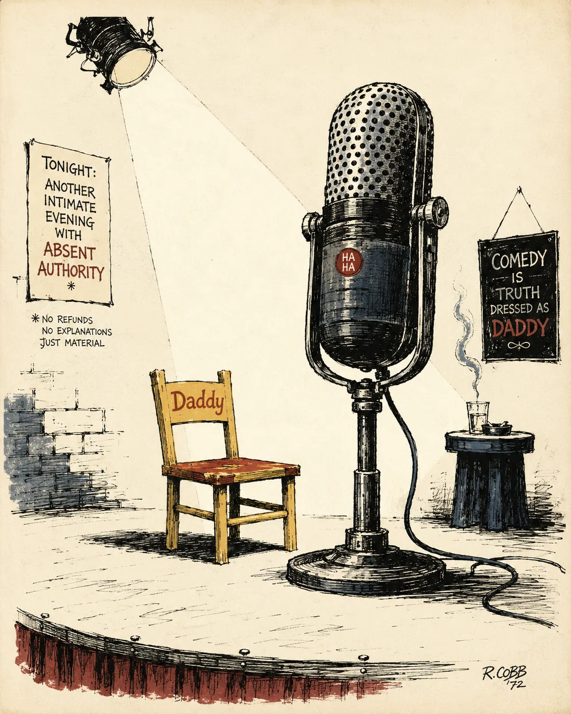Empty child-sized “Daddy” chair beside a huge roast microphone under a spotlight.