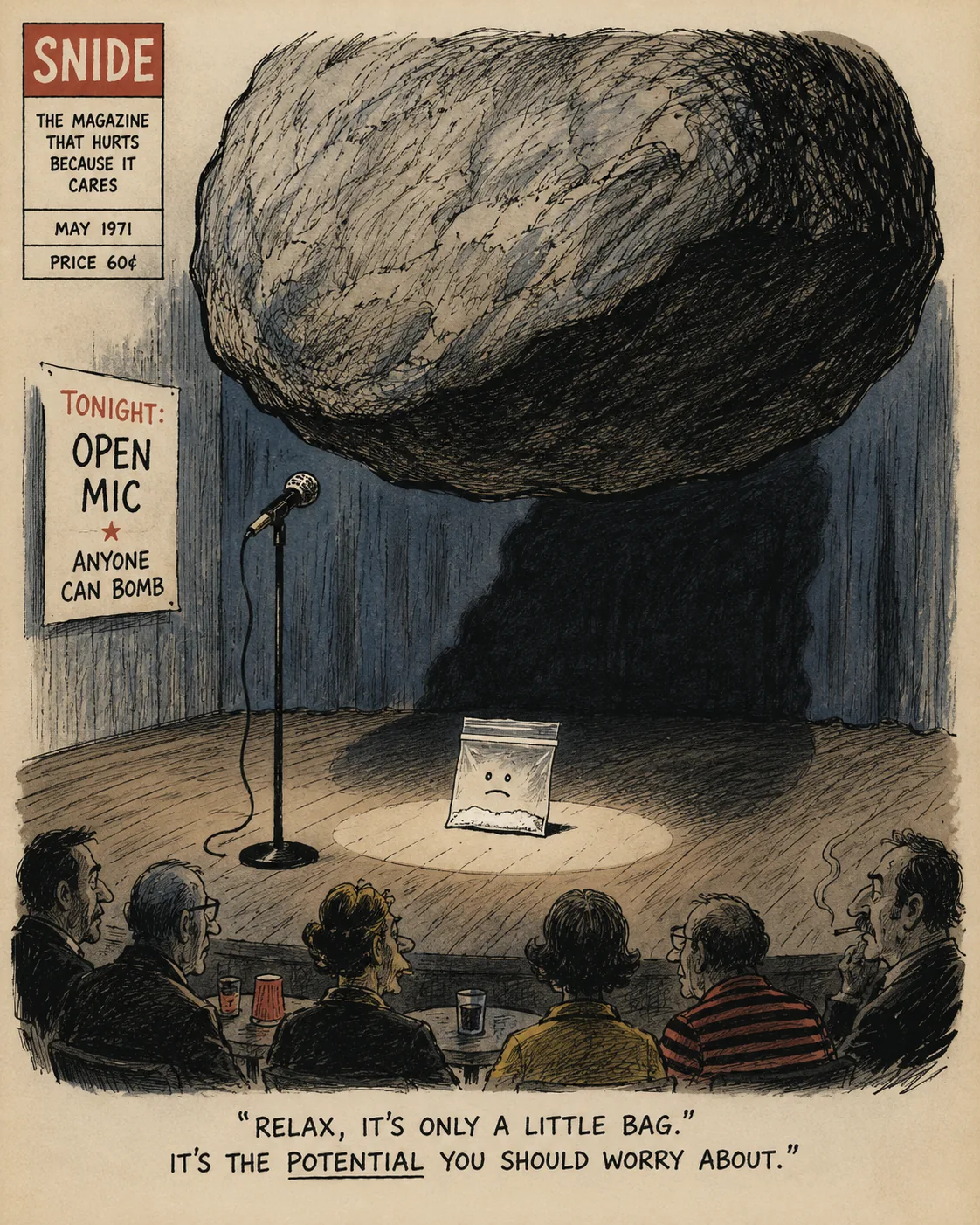 Tiny plastic bag on a comedy stage under the huge shadow of a giant rock.
