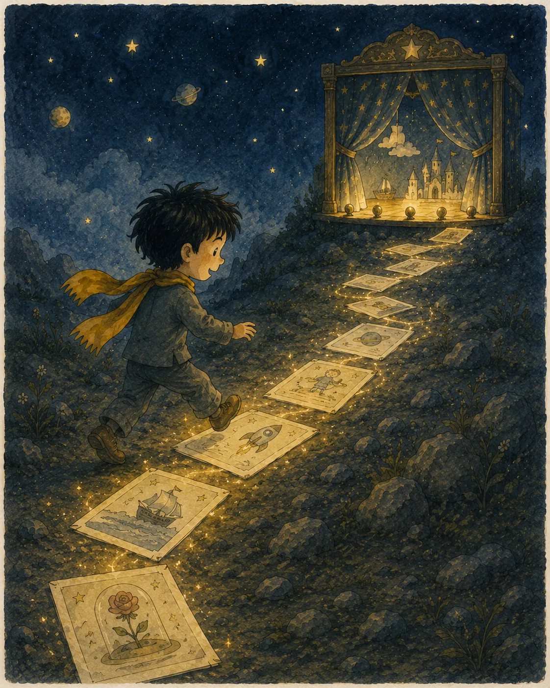 1) The illustration depicts a young boy with dark hair and a joyful expression, wearing a suit with a bright yellow scarf, as he walks along a glowing path made of story-cards. Each card features whimsical illustrations, such as a ship on water, a rose under a glass dome, and a rocket. The background is a starry night sky filled with planets and clouds, enhancing the magical atmosphere. Ahead of the boy, a curtain rises like a stage reveal, showcasing a dreamy castle scene, inviting him to step into an enchanting world. The ground is textured with rocky terrain and small plants, while the warm glow of the cards illuminates the path, creating a sense of movement and purpose. The overall color palette consists of deep blues and soft golds, evoking a feeling of wonder and adventure. The artwork is rich in detail, capturing the essence of childhood imagination and storytelling.
2)
- Title: "..."
- Channel / profile: "..."
- Site / app: "..."
- Captions / subtitles: "..."