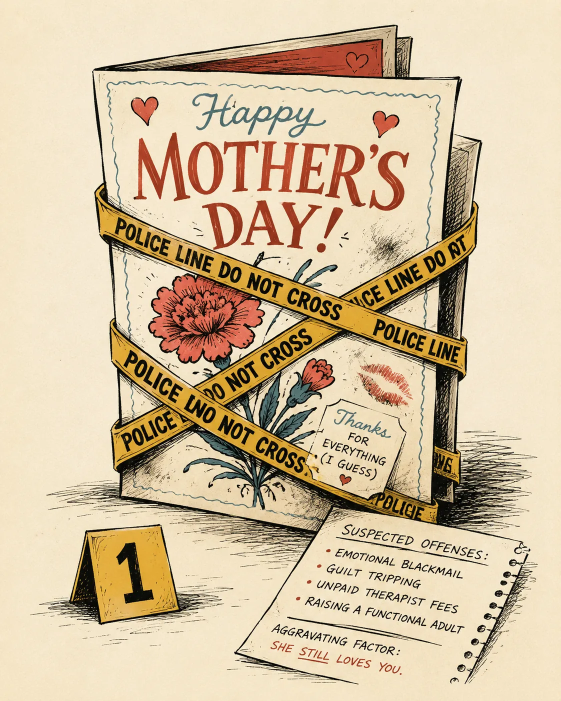 Mother’s Day card wrapped in yellow police tape, staged like a crime-scene joke.