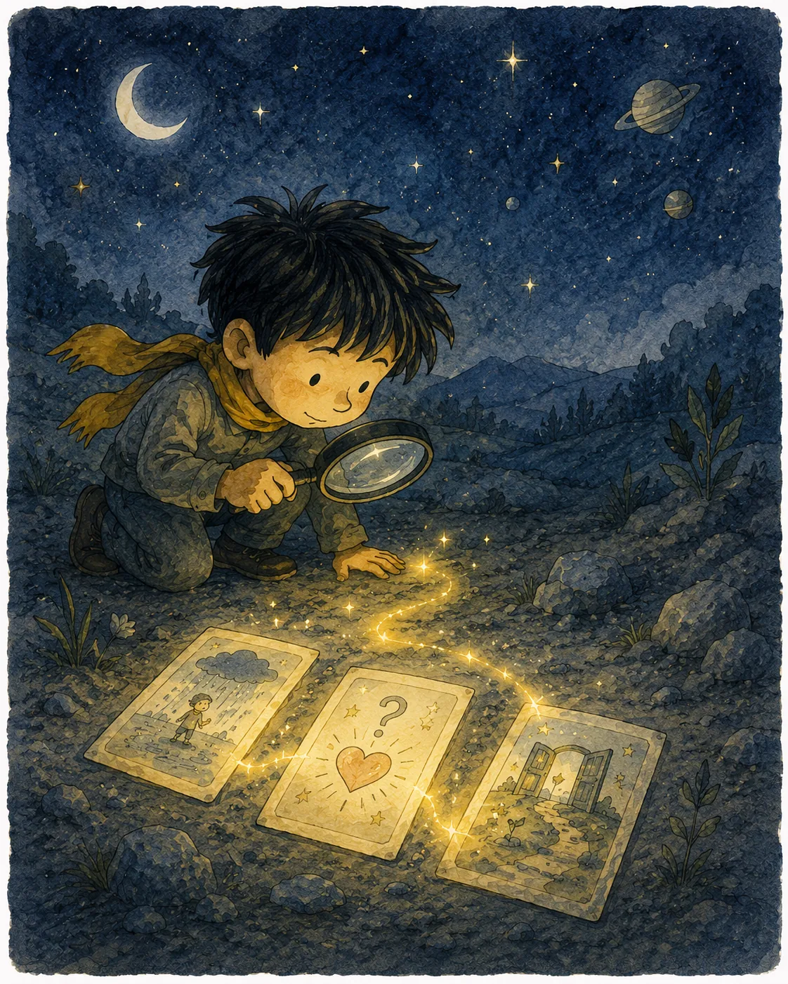 1) The illustration depicts a young boy, styled as a tiny detective, crouching in a dimly lit outdoor scene under a starry sky. He holds a magnifying glass, peering closely at three glowing cards laid out on the ground. The cards are visually distinct: one features a rainy scene with a child, another displays a question mark, and the last shows a door leading to a path. Each card emits a soft, magical glow, creating a sense of wonder and mystery. The boy wears a cozy sweater and a vibrant yellow scarf, contributing to his adventurous appearance. The night sky is adorned with a crescent moon and twinkling stars, enhancing the enchanting atmosphere. The landscape is dotted with small rocks and plants, complementing the dreamy setting. The overall color palette is warm and inviting, with soft blues and yellows that evoke curiosity and exploration.
2)
- Title: "What happened? Why care? What changed there?"