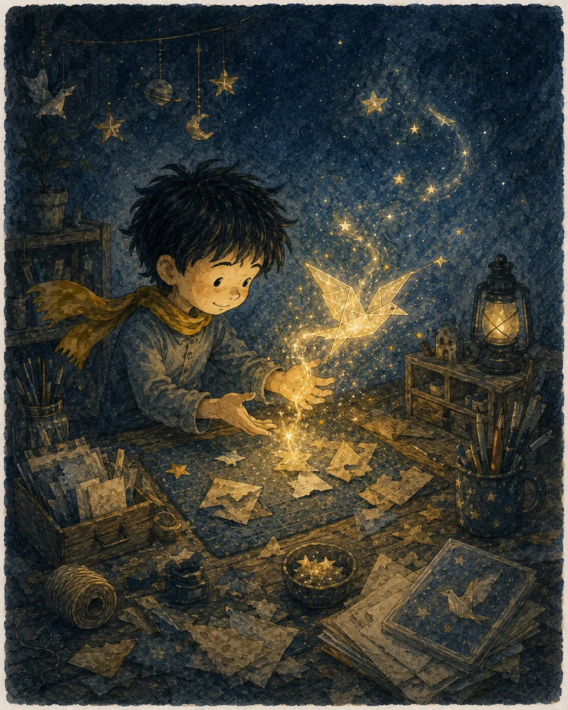1) The illustration depicts a young boy in a cozy, makeshift workshop, engaging in a creative activity. He sits at a small table surrounded by crafting materials, such as sheets of paper, colorful stars, and various tools. The boy, with tousled dark hair and a charming expression, is wearing a blue shirt and a yellow scarf, suggesting a playful atmosphere. He holds his hands out, seemingly shaping a glowing spark into a delicate origami bird, which is both whimsical and magical. The background is a deep, starry night sky filled with hanging stars, moons, and planets, adding to the dreamy quality of the scene. A warm light emanates from a lantern nearby and glows softly on the boy's face, enhancing the warmth of the setting. The table is cluttered with various crafting supplies, including a bowl of stars and stacks of paper, showcasing the boy's imaginative endeavors. The overall color palette features deep blues and warm yellows, creating a sense of wonder and creativity.
2)
- Title: "