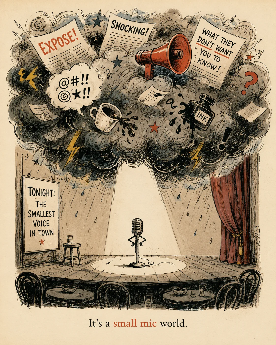 Tiny shock-comic microphone standing under a giant chaotic scandal storm cloud.