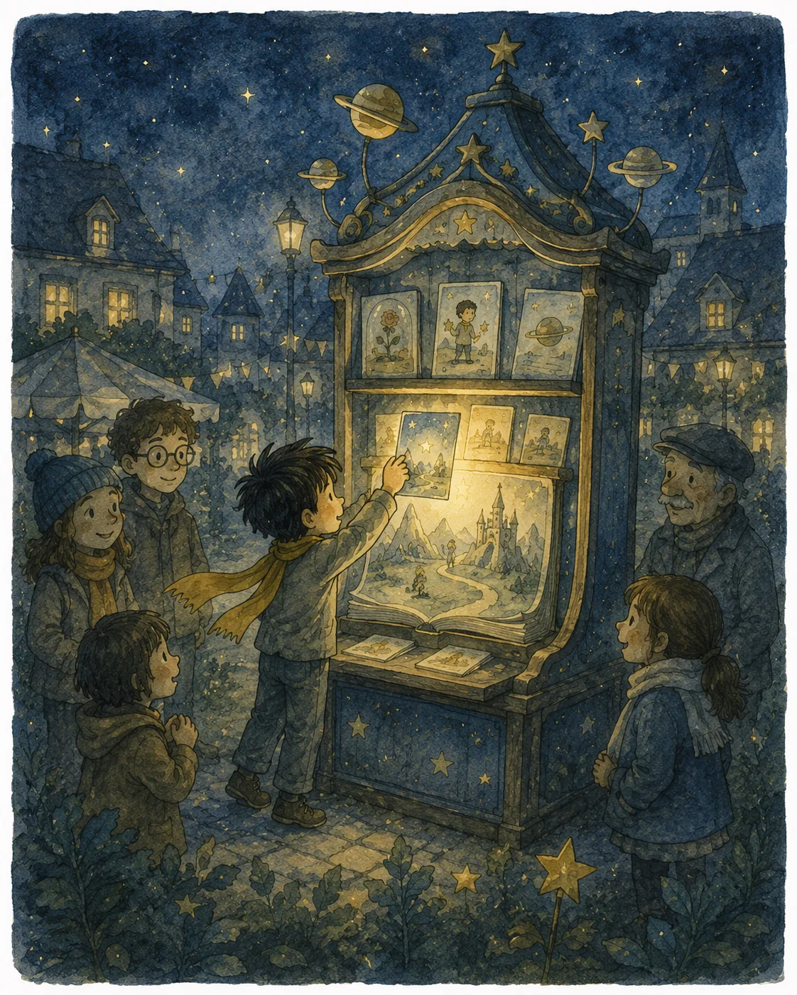 1) The illustration depicts a whimsical night scene set in a quaint town square, illuminated by soft, glowing stars and vintage street lamps. Central to the image is a large, book-shaped display that contains several glowing cards, with one young boy reaching out to place a card into the open book. His face is filled with awe, and he wears a gray jacket with a vibrant yellow scarf. Around him, a group of children and an elderly man observe with expressions of curiosity and excitement. The children are dressed warmly, with a mix of hats and scarves, and they stand in a semi-circle around the display, captivated by the magic unfolding before them. The backdrop features charming buildings with pointed roofs and a starry sky, enhancing the magical atmosphere. The color palette consists of deep blues and warm golden tones, creating a dreamy vibe that invites viewers into the story. The overall style is reminiscent of a fairy tale, with delicate linework and watercolor textures, emphasizing
