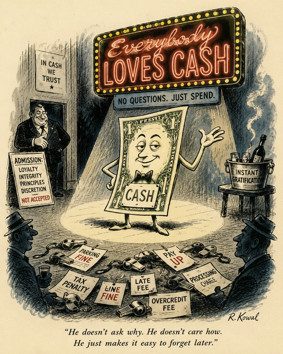 Dollar bill named “Cash” glowing under a sleazy neon stage sign, surrounded by fine notices.