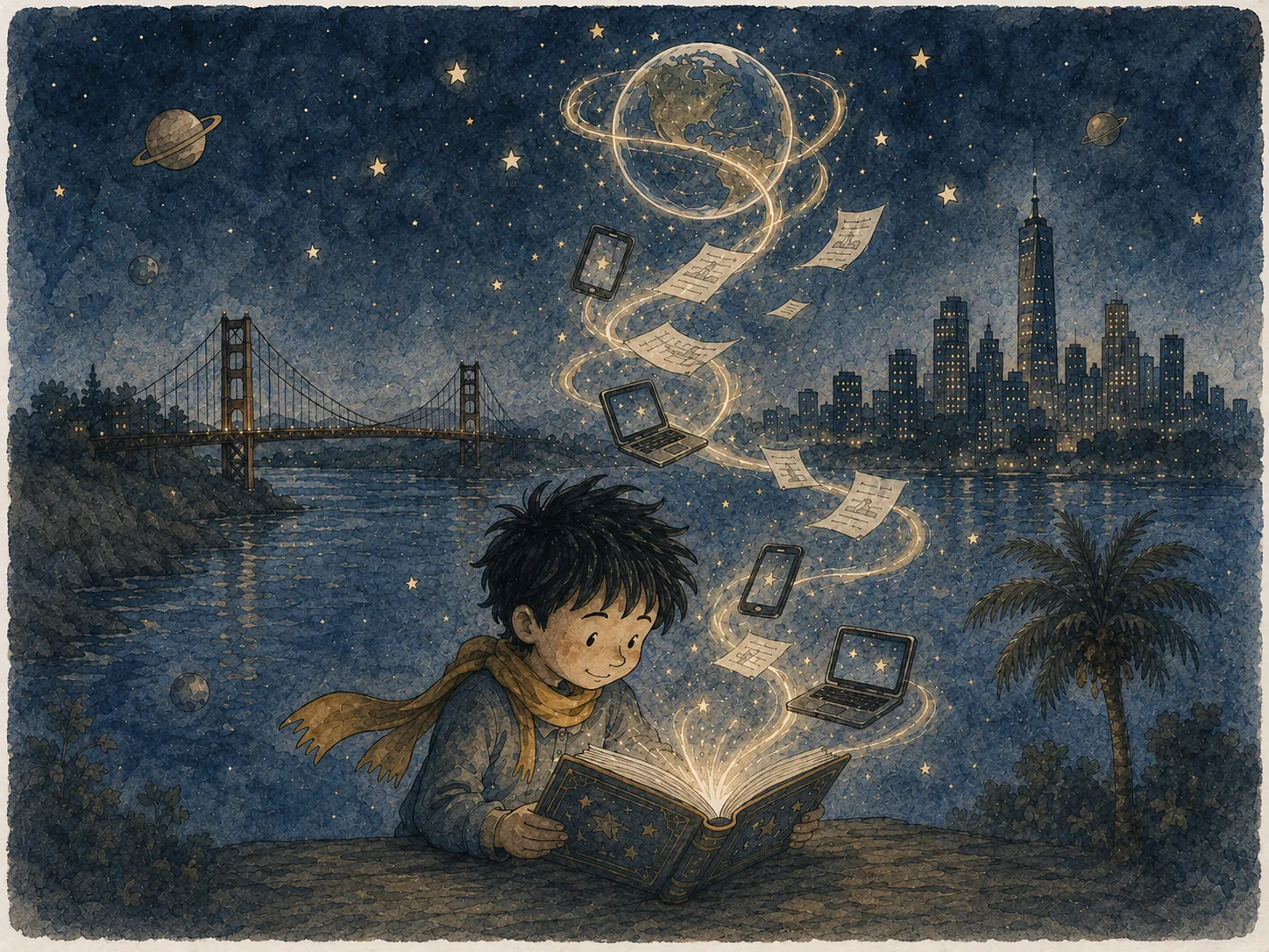 1) The illustration features a young boy with tousled dark hair, sitting at the water's edge, deeply engrossed in a glowing book titled "The Magic Book." He wears a cozy gray sweater and a flowing, orange scarf, suggesting a whimsical atmosphere. The background showcases a serene night setting with a serene river reflecting the stars and city skyline, including a prominent bridge and towering buildings. Above him, various objects—including laptops, phones, and sheets of paper—float in a dreamy swirl, emanating from the book, indicating its magical properties. The scene is bathed in rich blues and soft yellows, with a starry sky and planets, contributing to the sense of wonder and imagination. Palm trees frame the scene, enhancing the tropical ambiance. The boy's expression is one of curiosity and joy, embodying the magic of storytelling and adventure.
2)
- Title: "The Magic Book"