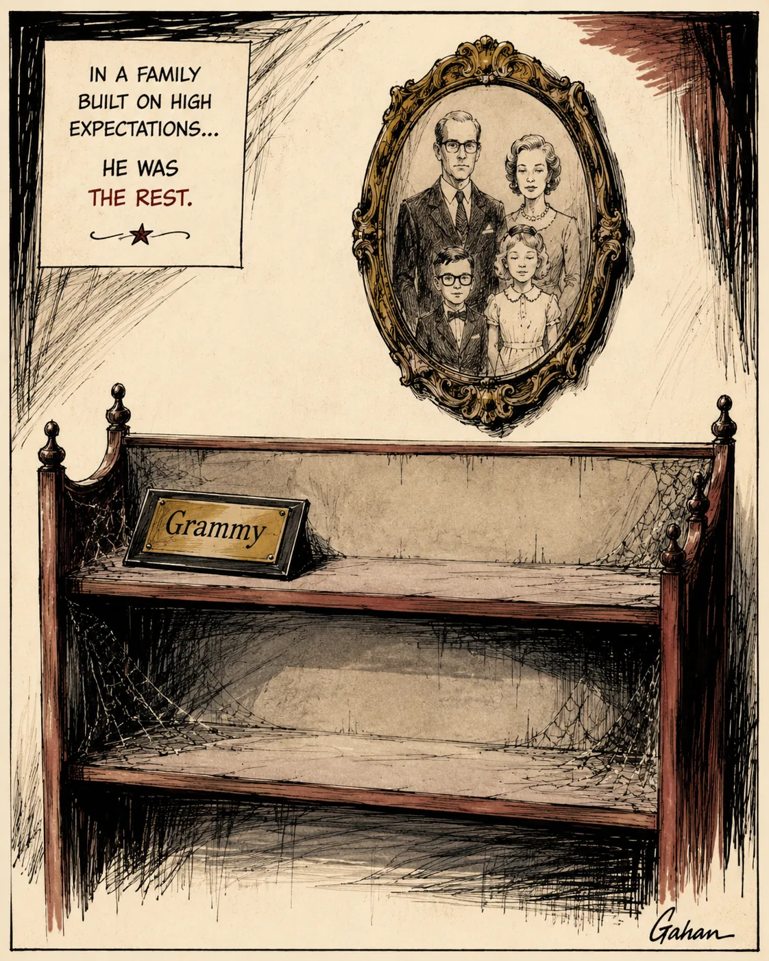 Empty award shelf beside an old family portrait, with a dusty “Grammy” nameplate.