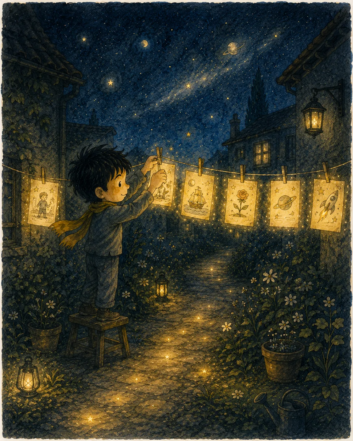The illustration depicts a charming, whimsical scene set in a night garden. A young boy, dressed in a gray outfit with a vibrant yellow scarf, stands on a stool, carefully hanging glowing story-cards on a clothesline. These cards illuminate the dark alley, resembling lanterns that bring warmth and cheer to the evening. The background features quaint houses with softly glowing windows, framed by trees that reach up to a starry sky.
The pathway leading from the boy’s feet is dotted with twinkling lights, enhancing the magical atmosphere. Flowers bloom around him, contributing to the lush greenery of the scene. The boy's expression is one of concentration and joy, reflecting his pride in sharing his stories with the world. The artwork is characterized by soft hues and a dreamy style, capturing a sense of wonder and creativity.
Overall, the composition conveys a narrative of turning thoughts into light, inviting viewers to embrace the power of storytelling.