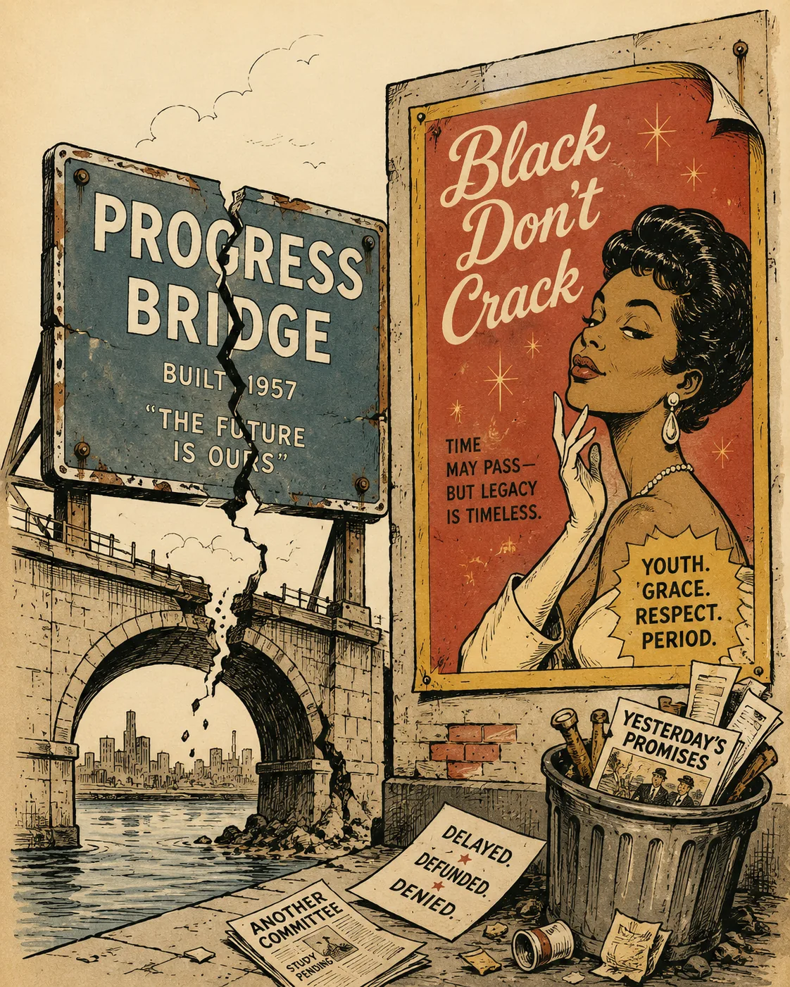 Cracked bridge sign beside a fake vintage “Black Don’t Crack” beauty poster.