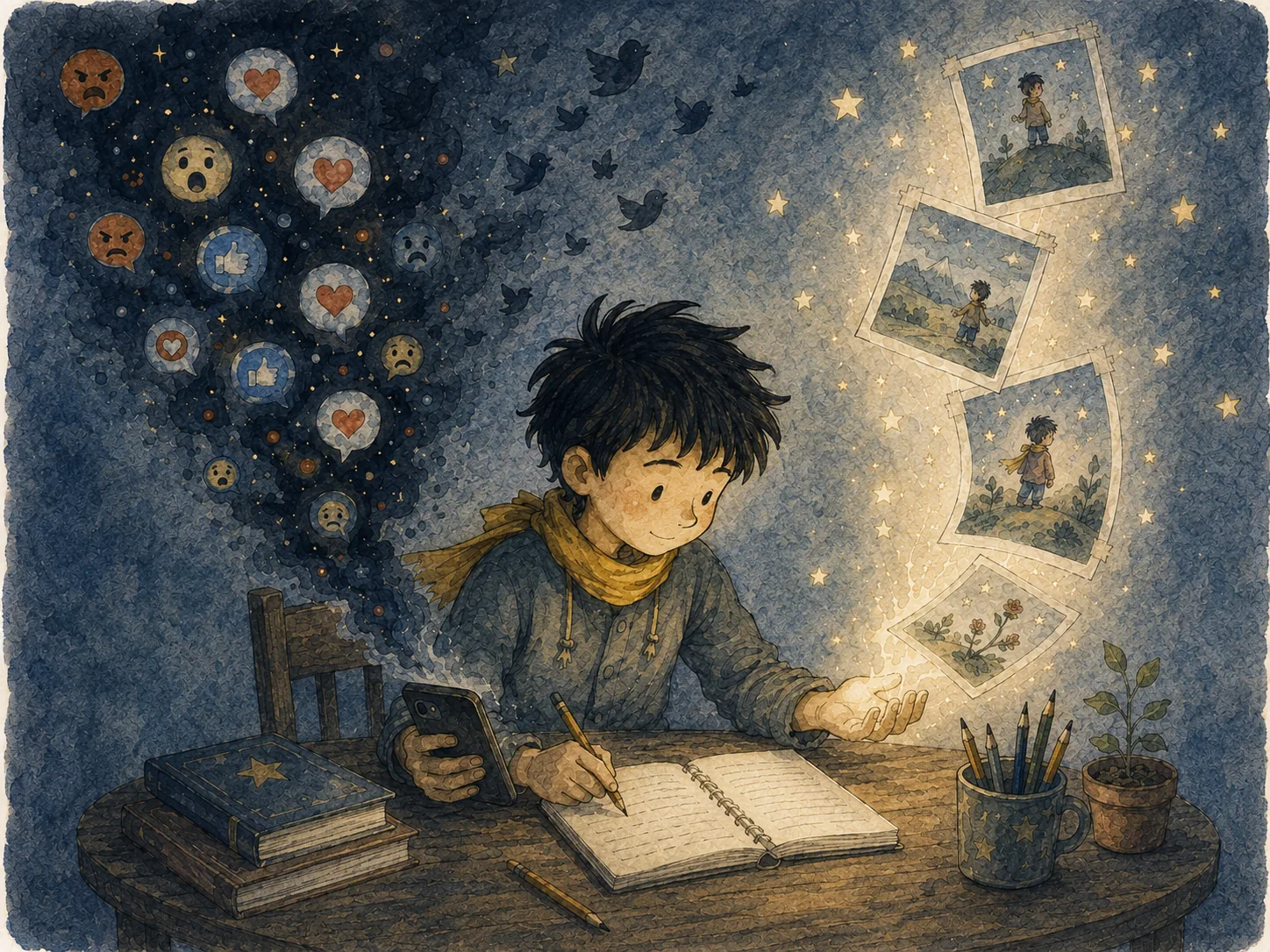 1) The illustration depicts a young boy sitting at a wooden table, engrossed in writing in a notebook while holding a smartphone in his other hand. He wears a blue shirt and a yellow scarf, which adds a splash of color to the otherwise muted palette. His hair is tousled, and he has a look of concentration on his face, suggesting he is lost in thought. Surrounding him, a swirling cloud of emoticons in various colors appears to represent the noise of online comments—some happy, some sad, and others angry—contrasting with the soft, golden glow of floating images that represent memories or stories. These images, resembling snapshots, depict the boy in different outdoor settings, hinting at adventures and meaningful moments. The background is a deep blue, dotted with stars, creating a dreamy atmosphere. A small plant and a cup filled with colored pencils sit on the table, emphasizing a creative space. The overall mood is reflective, capturing the contrast between fleeting online interaction