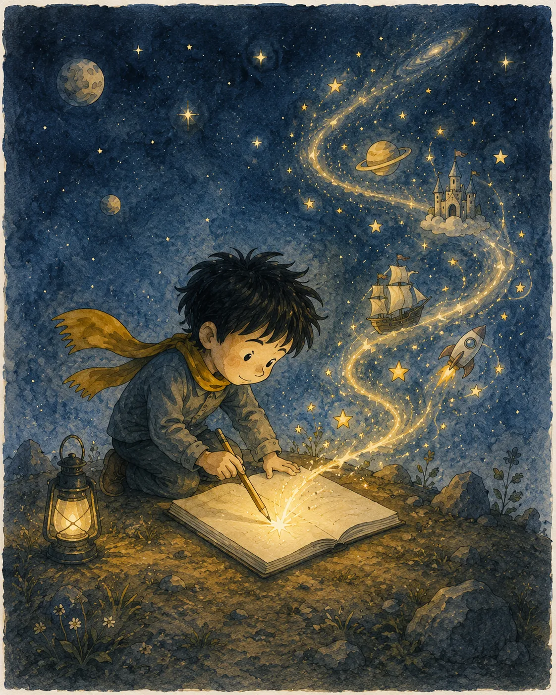 1) The illustration depicts a young boy with tousled black hair, wearing a gray outfit and a vibrant yellow scarf, engaged in a whimsical act of creation. He is kneeling on the ground, intently focusing on a large open book laid before him. From the tip of his pencil, a dazzling spark is emerging, illuminating the dark surroundings with a soft glow. This spark appears to animate the blank page, sending forth tiny stars that resemble fireflies, creating a magical atmosphere. The background is an enchanting night sky filled with planets, a swirling galaxy, and a distant castle, all rendered in deep blues and purples that enhance the sense of wonder. A lantern beside him casts a warm light, contrasting beautifully with the cooler tones of the night. The overall composition evokes feelings of creativity and the excitement of beginning a new adventure, encapsulating a moment of pure imagination. The use of watercolors gives the piece a dreamy quality, enhancing its fantastical elements.
2)