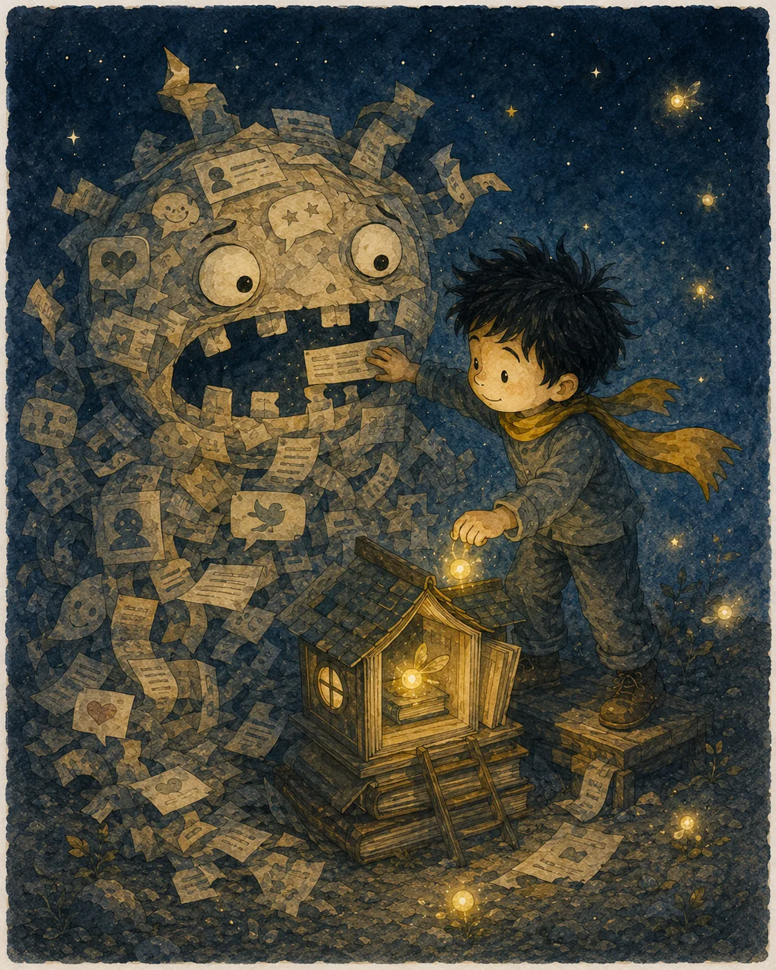 1) The illustration portrays a young boy engaged in a whimsical interaction with a goofy paper monster, which is constructed from social media posts and comments. The scene unfolds at night, illuminated by a starry sky, creating a magical ambiance. The boy, clad in a cozy outfit with a flowing scarf, gently places a glowing idea into a small, handcrafted book-nest. His expression is one of joy and determination, suggesting a mission to rescue creativity from the overwhelming chaos of digital distractions. The monster, with wide eyes and an open mouth, appears friendly yet comical, embodying the overwhelming nature of social feeds. Surrounding them are scattered pieces of paper, each displaying various emojis and text snippets, further emphasizing the theme of social media noise. The warm light from the book-nest contrasts beautifully with the deep blues of the night sky, inviting viewers to reflect on the importance of nurturing original ideas.
2)
- Title: "Don’t feed the feed. Build t