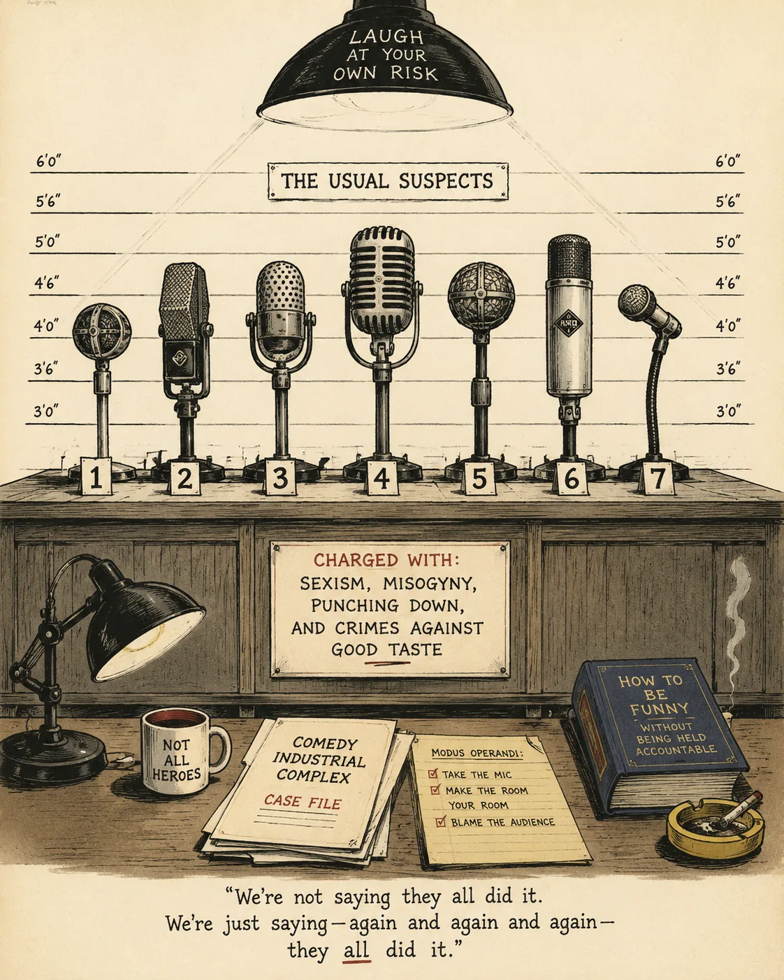 Row of male comedy microphones arranged like a police lineup under courtroom lighting.