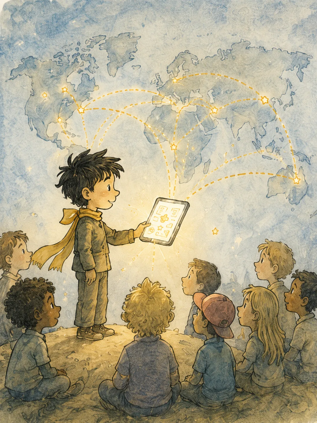 1) The illustration depicts a group of children seated on the ground, attentively watching a boy who stands in front of them, holding a glowing tablet. The boy, who appears to be the focal point of the scene, is dressed in a simple outfit with a scarf around his neck. He exudes a sense of enthusiasm and engagement as he presents the tablet, which is illuminated and showcases various icons. The setting features a soft, watercolor background of a world map, with dotted lines connecting different locations, symbolizing communication and storytelling across distances. The expressions of the seated children range from curiosity to admiration, highlighting their eagerness to learn. The color palette is warm and inviting, dominated by blues and yellows, creating an uplifting atmosphere that emphasizes creativity and connection. The overall composition conveys a sense of community and exploration, suggesting a storytelling moment that transcends boundaries.
2)
- Title: "The Page Formula"