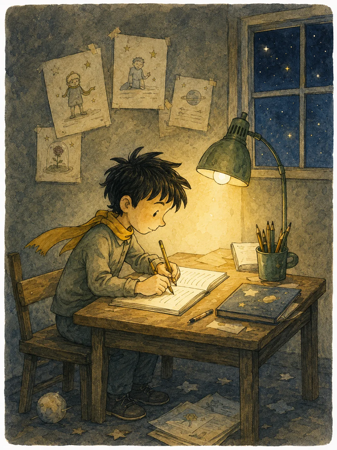 1) The illustration depicts a young boy seated at wooden table in dimly lit room, engrossed in writing. The soft glow from desk lamp casts warm light over his workspace, creating a cozy ambiance. He's dressed in comfortable clothing, including a gray sweater and a yellow scarf, which adds a touch of warmth to his appearance. The boy's dark hair is tousled, and his expression conveys concentration as he diligently writes in a notebook. Surrounding him are several drawings pinned to the wall, showcasing childlike sketches of planets, characters, and flowers, hinting at his imaginative mind. The room is further decorated with scattered papers and a globe on the floor, suggesting a world of exploration and creativity. A cup filled with colored pencils sits nearby, emphasizing the artistic atmosphere. Outside the window, a starry night sky adds to the dreamy feel of the scene. Muted color palette enhances nighttime setting, creates a sense of calm and inspiration.
Title: "Make It Inspired"