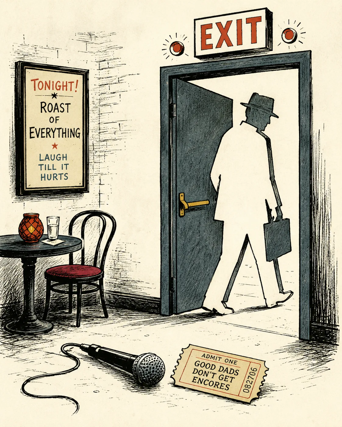 Cinema exit door shaped like a father walking away, with a roast microphone left behind.