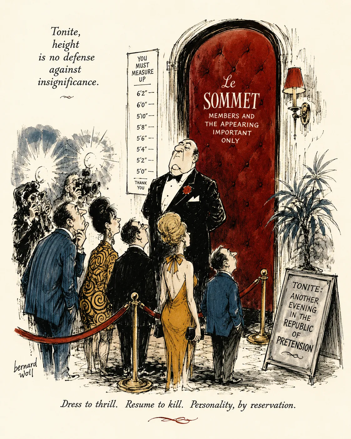 Velvet party door with a tiny height chart, velvet rope, flashbulbs, and uneasy nightclub energy.