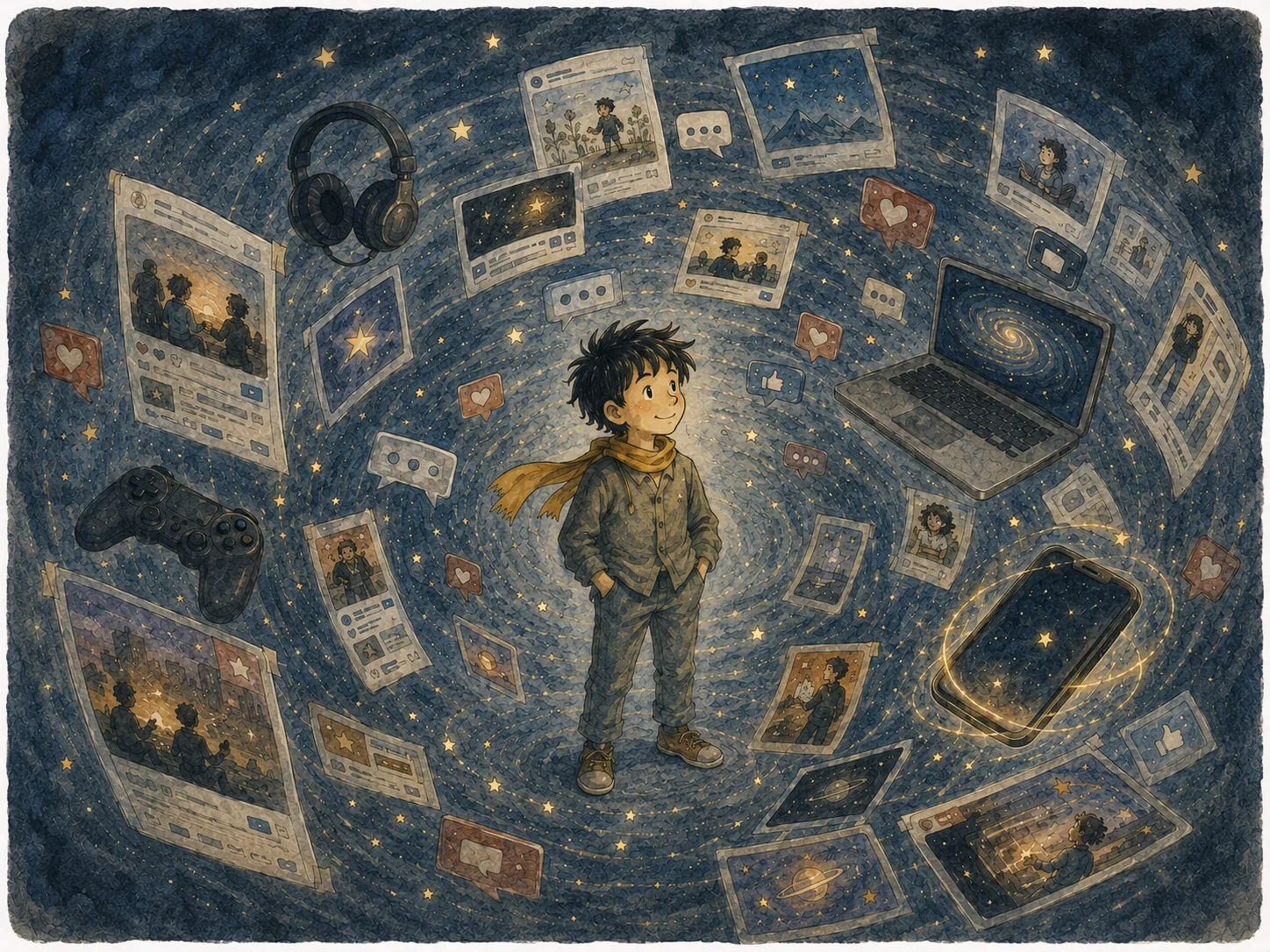 1) The illustration depicts a young boy standing in a swirling, cosmic background filled with various digital elements like phones, laptops, and social media icons. He has short, tousled hair and is wearing a jacket and pants, with a bright orange scarf that adds a pop of color. His expression is one of wonder, as he looks around at the array of images and symbols floating in the space around him. The colors are mostly dark blues and purples, creating a starry, dreamy atmosphere, with golden stars scattered throughout. Various screens showcase visuals of social media interactions, including likes, comments, and video thumbnails that hint at platforms like YouTube and Instagram. A gaming controller lies on the ground, emphasizing the digital theme. The overall style is whimsical and imaginative, capturing the intersection of childhood and the digital world.
2)
- Title: "The World Got Loud"
- Site / app: "YouTube"
- Captions / subtitles: []