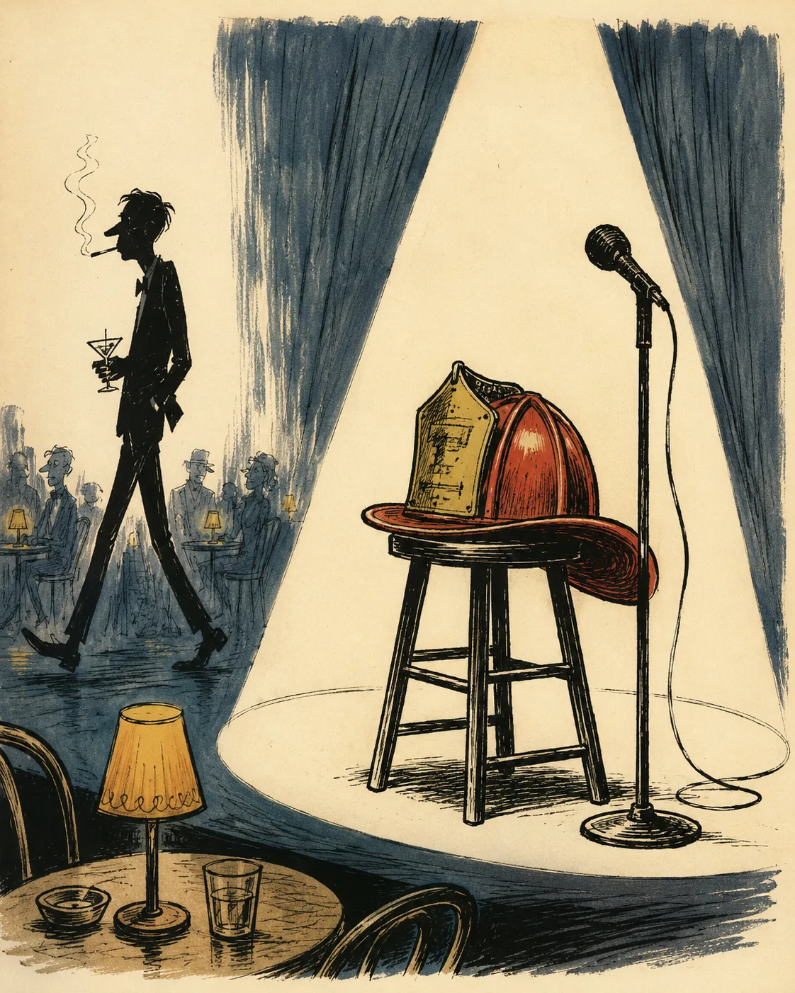 Firefighter helmet under a comedy-club spotlight, with a bachelor shadow walking past in the background.