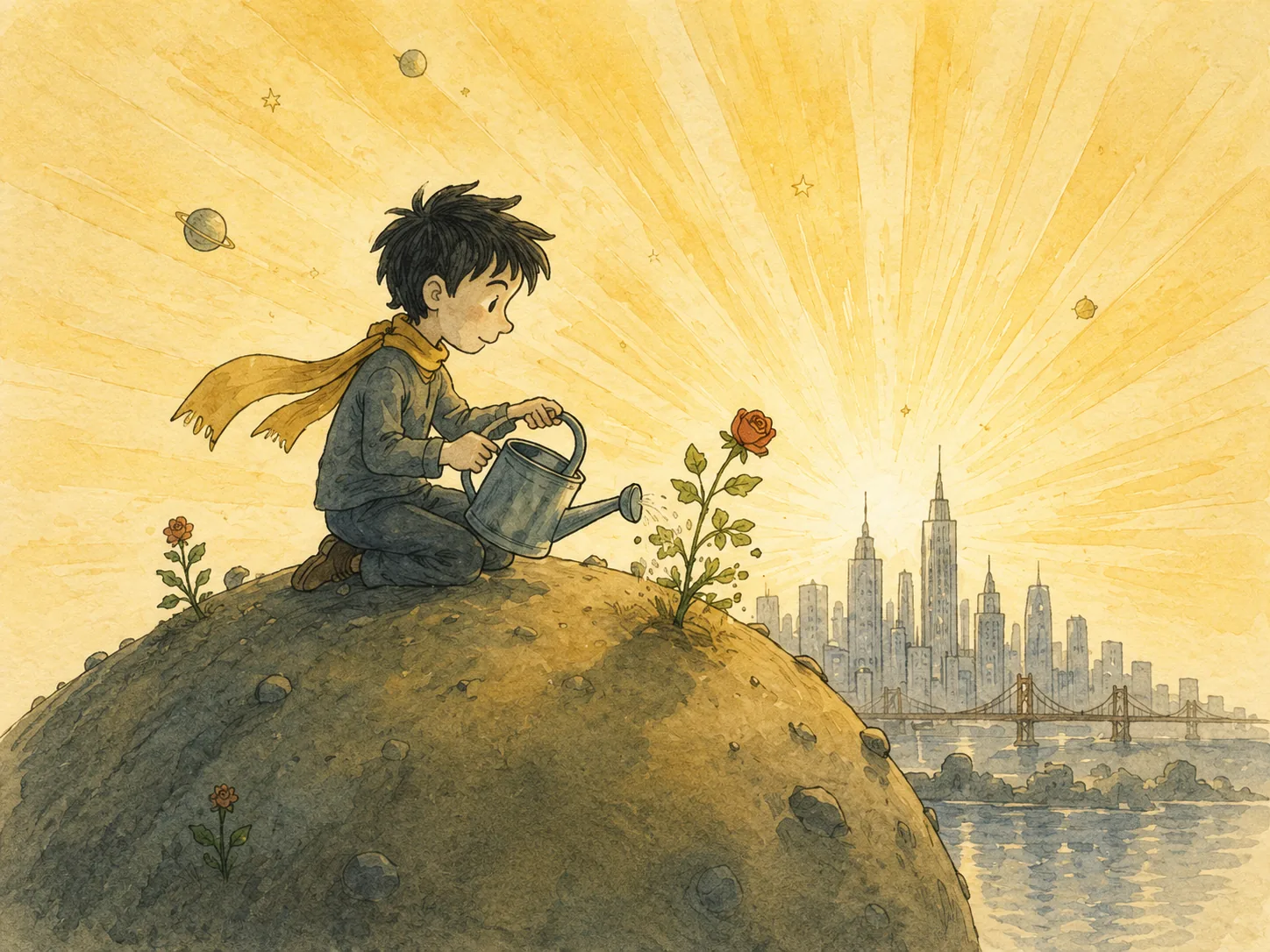 1) The illustration features a young boy with dark hair, kneeling on a small hill, intently watering a rose. He wears a gray sweater and a bright yellow scarf that flutters gently behind him. The background showcases a vibrant yellow sky illuminated by rays of sunlight, creating a warm and hopeful atmosphere. Behind him, a sprawling cityscape is visible, characterized by iconic skyscrapers and a bridge spanning a river, suggesting a blend of nature and urban life. The boy's expression is one of concentration and joy, embodying the nurturing spirit of growth. To his left, a smaller flower also rises from the ground, adding to the sense of flourishing life. The overall style combines soft watercolor techniques with whimsical elements, inviting the viewer into a dreamlike setting.
2)
- Title: "..."
- Channel / profile: "..."
- Site / app: "..."
- Captions / subtitles: "..."