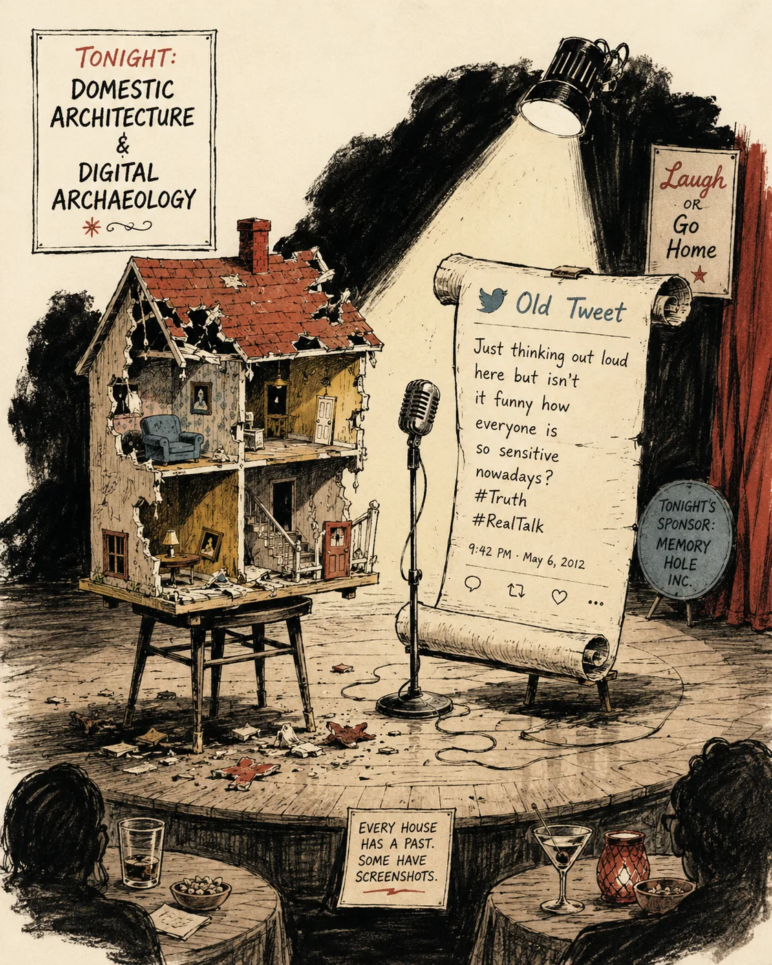Broken dollhouse on a comedy stage beside an old tweet scroll under a spotlight.