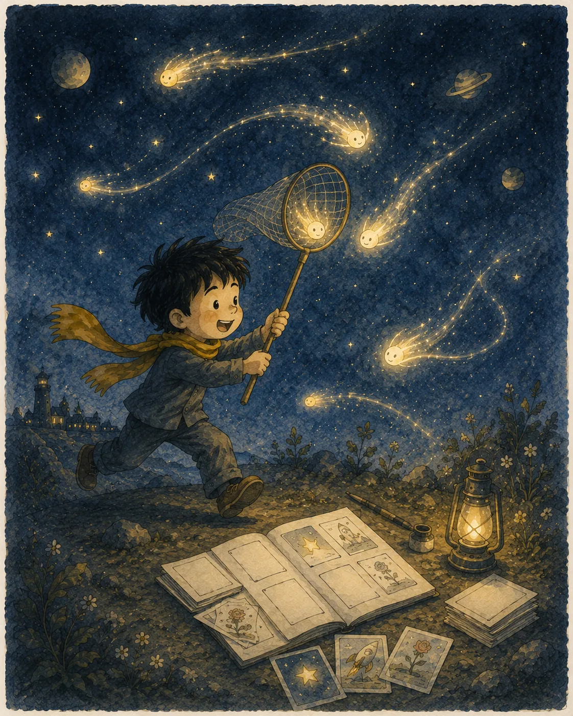 The illustration depicts a joyful boy, dressed in a dark suit and a bright yellow scarf, exuberantly chasing glowing comet-like orbs with a butterfly net under a starry night sky. His expression radiates delight as he leaps forward, embodying a sense of wonder and energy. The background showcases a deep blue sky filled with twinkling stars and whimsical, glowing comets that appear to have cute, smiling faces, adding a playful charm to the scene.
In the foreground, an open journal lies on the ground, showing illustrations of stars and other whimsical designs, suggesting that the boy is capturing fleeting thoughts and turning them into tangible memories. A lantern casts a warm glow nearby, illuminating the pages of the journal and emphasizing the enchanting atmosphere of the night. Surrounding the boy are soft, colorful flowers and rocks, enhancing the natural, dreamy setting. The overall composition combines elements of fantasy and childhood imagination, inviting viewers to engage with