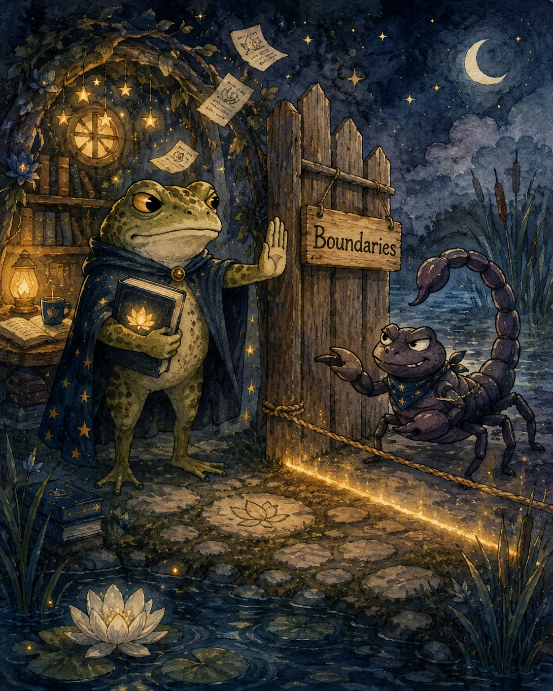 1) The illustration features a whimsical scene set at night, characterized by a mystical atmosphere. A large, anthropomorphic frog, dressed in a starry cloak and holding a book, stands at a wooden gate labeled "Boundaries." The frog is positioned in the foreground, with an assertive posture, extending one hand as if to signal a stop. The background reveals a cozy nook filled with books and illuminated by a warm lantern glow. Floating papers with sketches are scattered in the air, adding to the enchanted feel. To the right, a smaller, sly-looking scorpion in a blue bandana gestures toward the frog, suggesting a dialogue or argument about the gate. The setting is surrounded by serene water lilies and dark water, with the moon and stars casting gentle light over the scene, enhancing its fantasy quality. The color palette consists of deep blues, greens, and warm yellows, creating a magical yet serious tone.
2)
- Title: "Why AngryPages Has Boundaries"
- Publisher / studio: "AngryPages"
- Ke