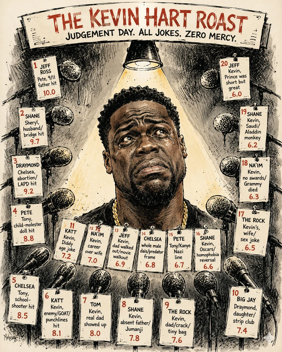 Kevin Hart roast poster with his face under a harsh spotlight, surrounded by twenty microphones and ranking scorecards.
