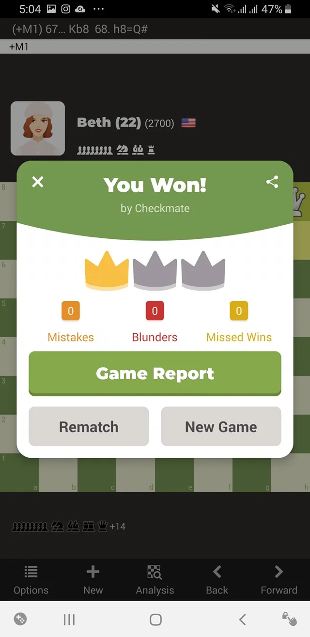 The screenshot depicts a victory screen from a chess app showing a player’s win over an opponent named "Beth," who is represented with an avatar. The player, identified by the name "Beth (22)" with a rating of 2700, is indicated as having lost the game. The victory is achieved by checkmate, as noted in the text. The interface highlights a flawless game with zero mistakes, blunders, or missed wins by the player. The color scheme includes green accents for the victory notification, contrasted against a dark background. Options for "Game Report," "Rematch," and "New Game" are prominently displayed, suggesting next steps for the user. The app interface is simple, focusing on clarity and ease for the user to either continue playing or analyze their game.