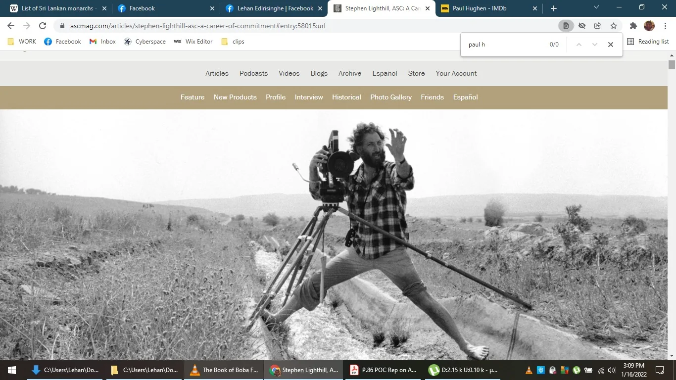 The image is a black-and-white photograph featured on an article titled "Stephen Lighthill, ASC: A Career of Commitment" from the website ascmag.com. In the foreground, a man, suggested by the context to be Stephen Lighthill, is operating an old-fashioned film camera mounted on a tripod. He is positioned dynamically, appearing to be adjusting the camera or framing a shot, with one hand up and the other on the camera. The setting is an expansive outdoor landscape, likely a field or rural area, with low vegetation and distant hills visible in the background. The attire is casual, with the man wearing a checkered shirt and pants, exuding an aura of focused professionalism and creativity. The lighting is natural, as evidenced by the shadows and highlights, conveying a clear, sunny day. The overall composition highlights the solitary and dedicated nature of his work in cinematography, emphasizing the serene yet demanding environment of on-location filming.
- Title: "Stephen Lighthill, ASC: A Career of Commitment"
- Site / app: "ascmag.com"
- Key OCR Lines: "Stephen Lighthill, ASC: A Career of Commitment", "Feature", "New Products", "Profile", "Interview", "Historical", "Photo Gallery", "Friends", "Español", "Articles", "Podcasts", "Videos", "Blogs", "Archive", "Español", "Store", "Your Account"